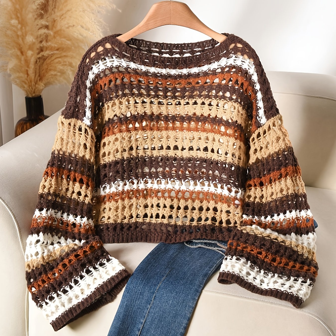 TEMU Plus Size - Plus Size - Plus Size Loose Casual Striped Hollow Short Sleeve Long Sleeve Sweater Top
