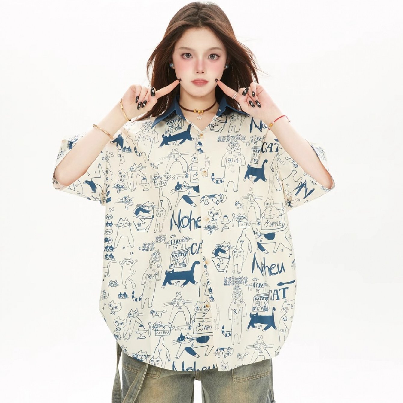 TEMU 【原宿風】手描き猫 半袖シャツ レディース レトロ ゆったり カジュアル カップル 夏 トレンド イン ゆったり 快適 万能シャツ