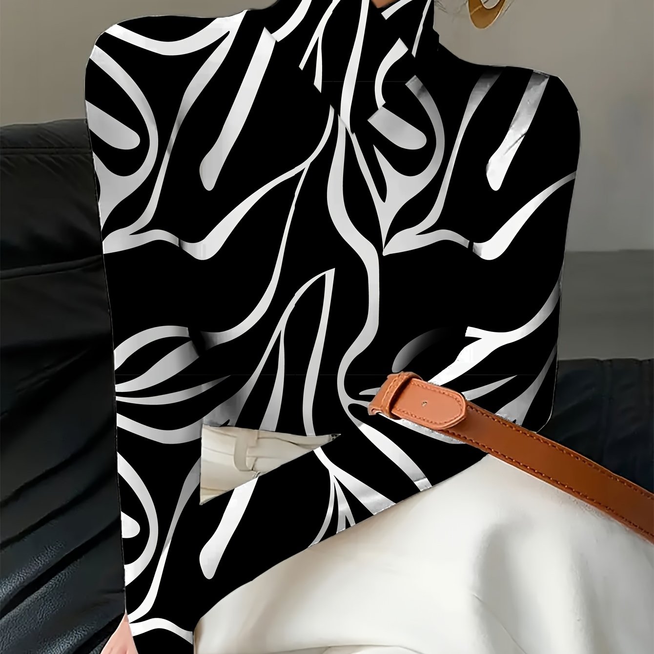 E-shop Damen Zebra Print Cheongsam Kragen Slim Langarm T-Shirt, Elegantes Langarm Unterhemd für Frühling und Herbst Damenbekleidung