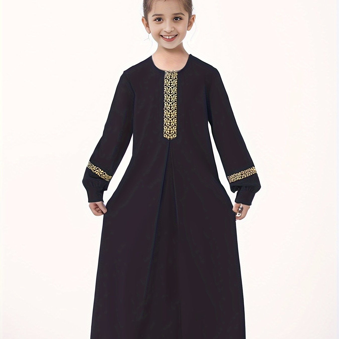 Image of Children's Girls' Long Sleeve Middle East Ramadan Robe Zippered Gown Printed Dress Robe, Gift For Eld, Gift For Ramadan