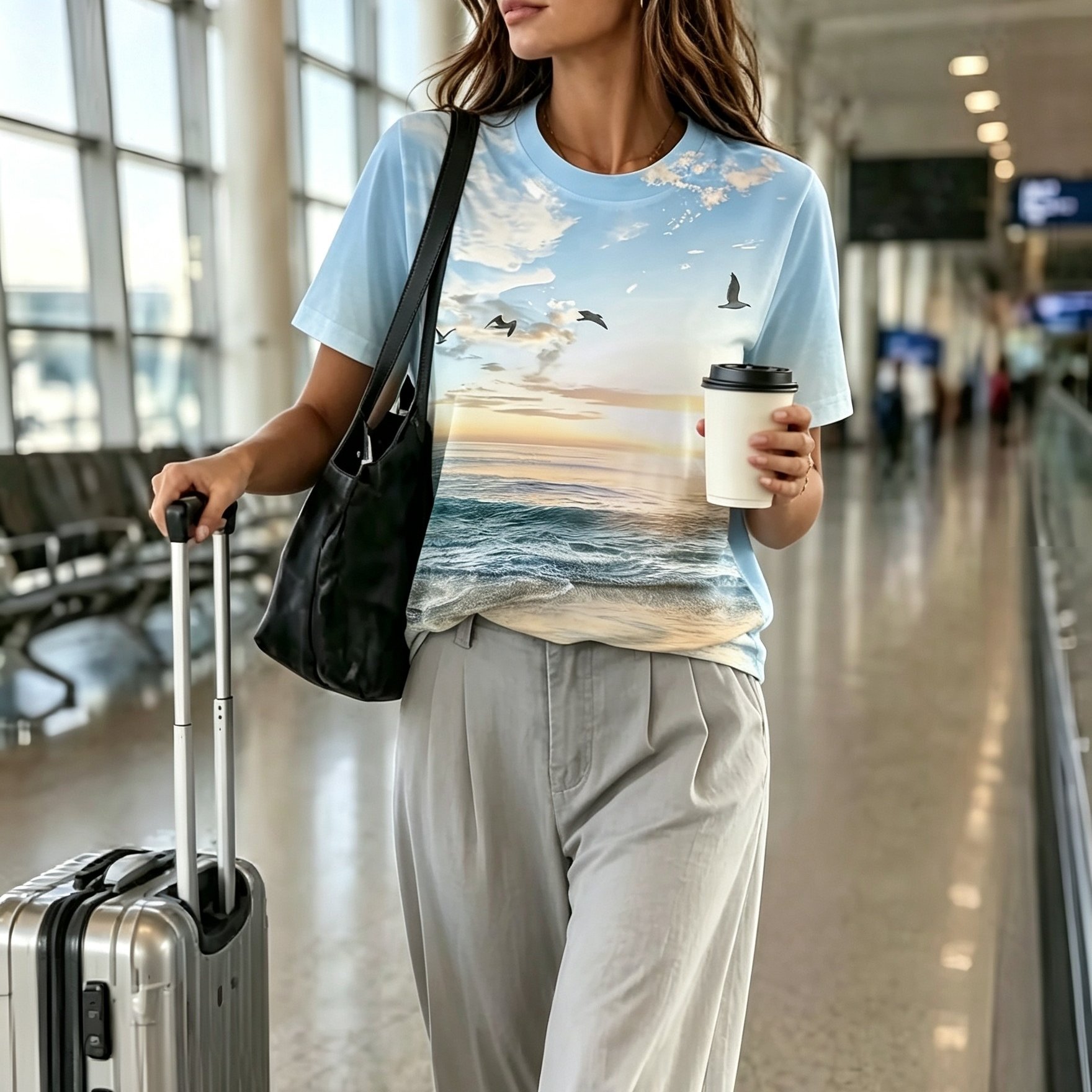 Image of Seagull And Sea Print Round Neck T-shirt, Casual Short Sleeve T-shirt, Women's Clothing