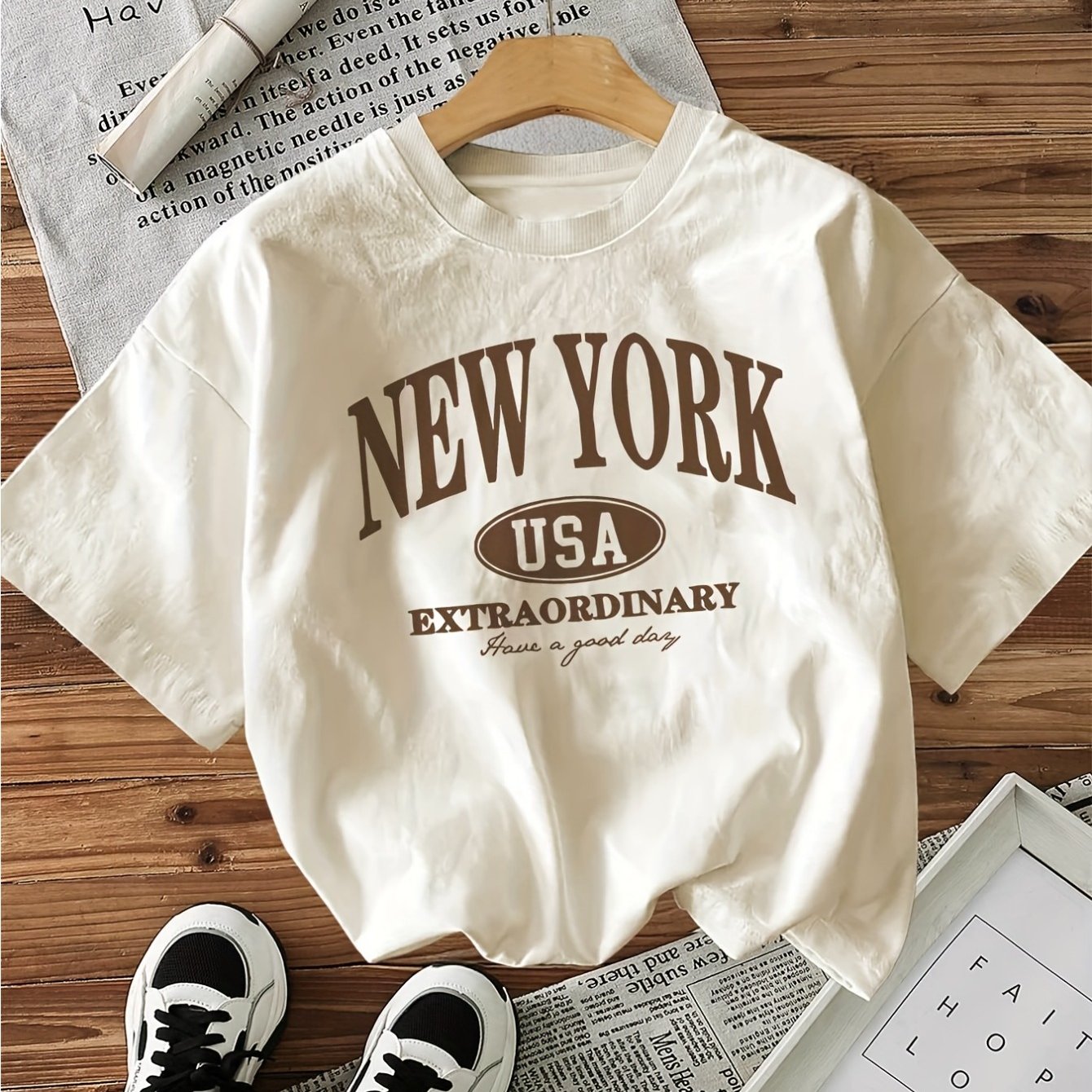 Image of Women' High-elastic Short-sleeve T-shirt - Loose Neck Blouse Suitable For Fall Casual Wear, Machine Washable Opaque Top With Minimalist Letter Print (no /hem) - Everyday Basic Wardrobe Essential