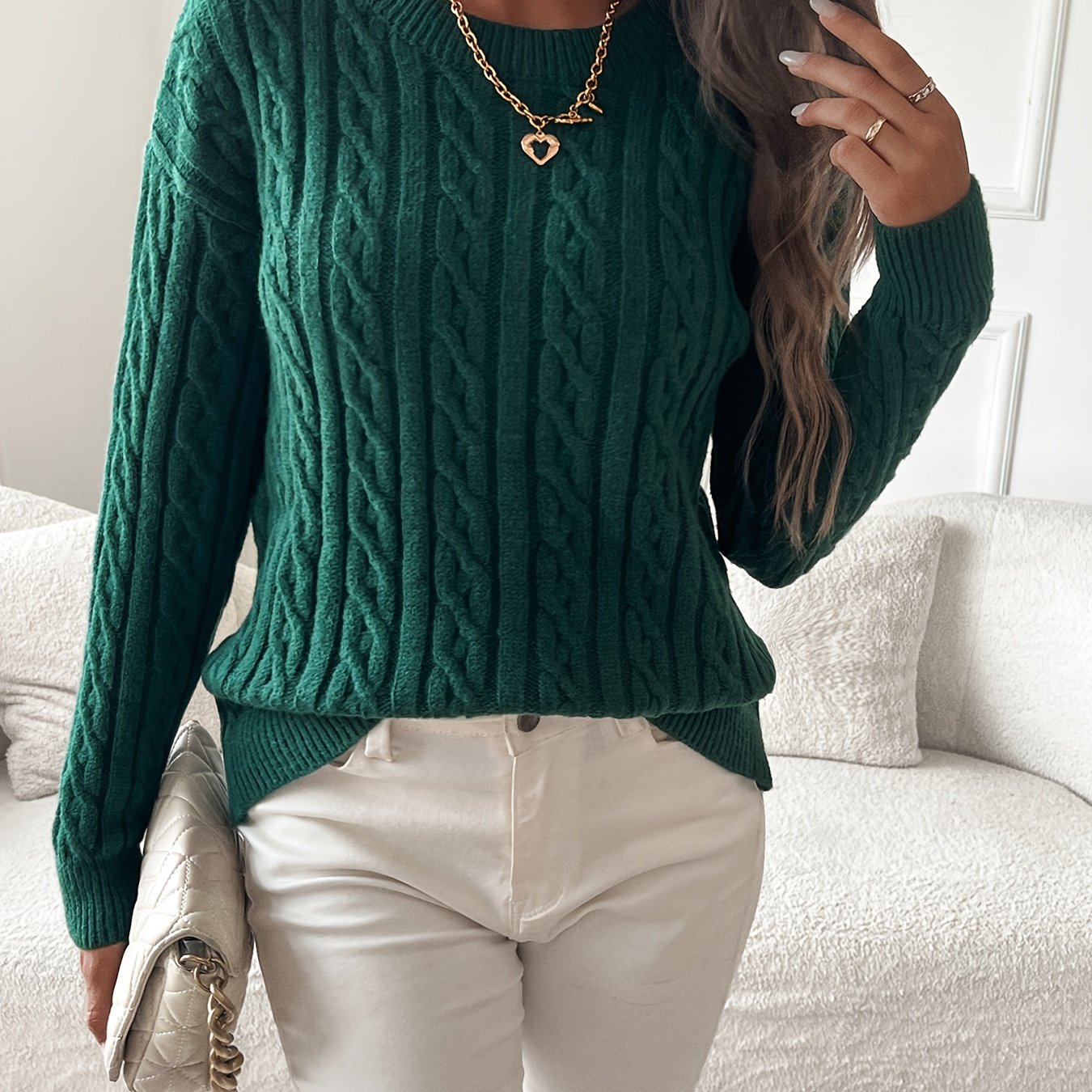 Women's Elegant Solid Color Twisted Rope Sweater - Soft Round Neck Pullover For Fall Winter, Versatile Casual & Formal Wear, Hand Wash/, Cute Sweater, Winter Apparel, Twist Pattern, Quality Material