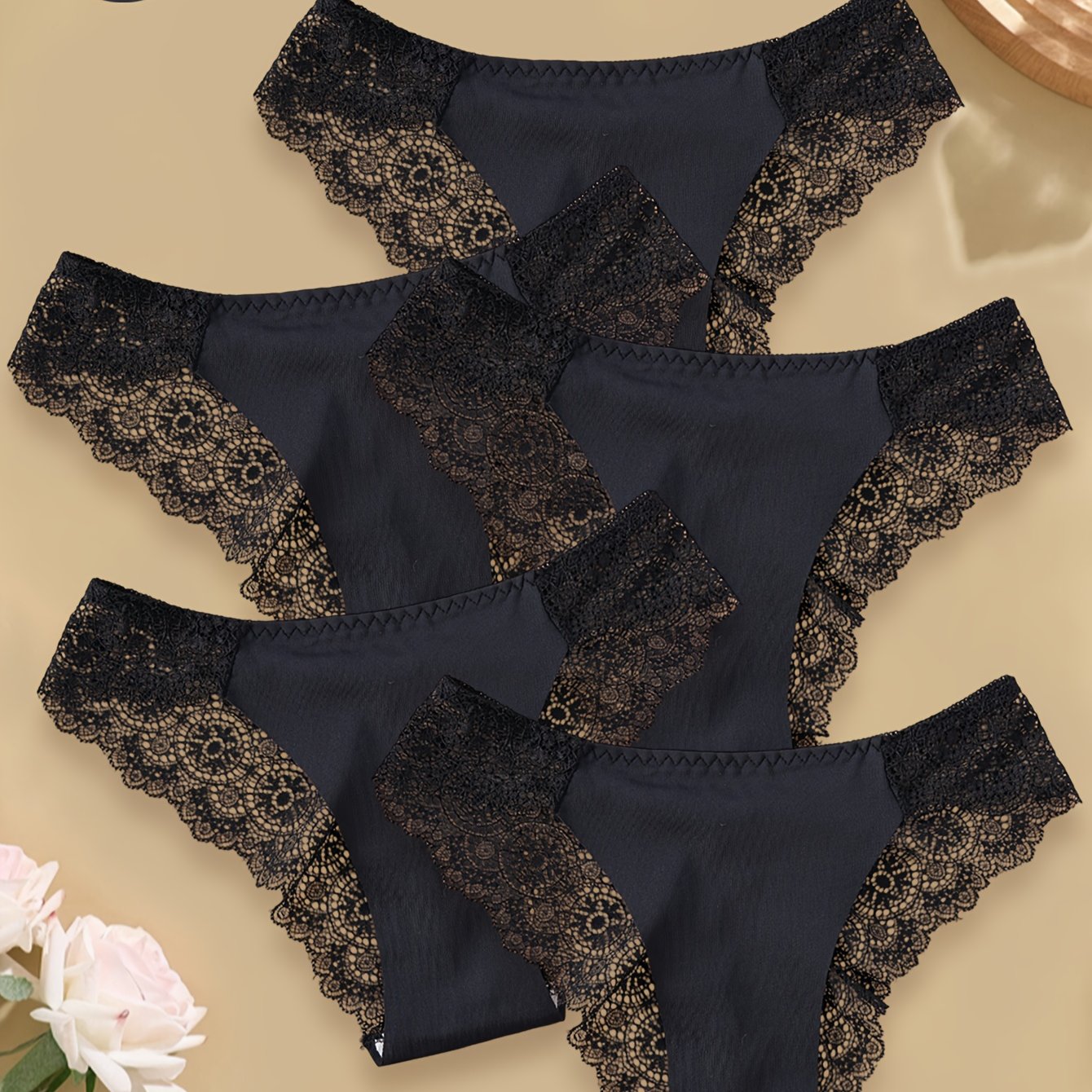 E-shop 5er-Pack Damen All-Black Elegantes Slips-Set: 90% Spitzenbesatz Slips - Mid-Rise Bequeme Passform (Größen M bis XXL)
