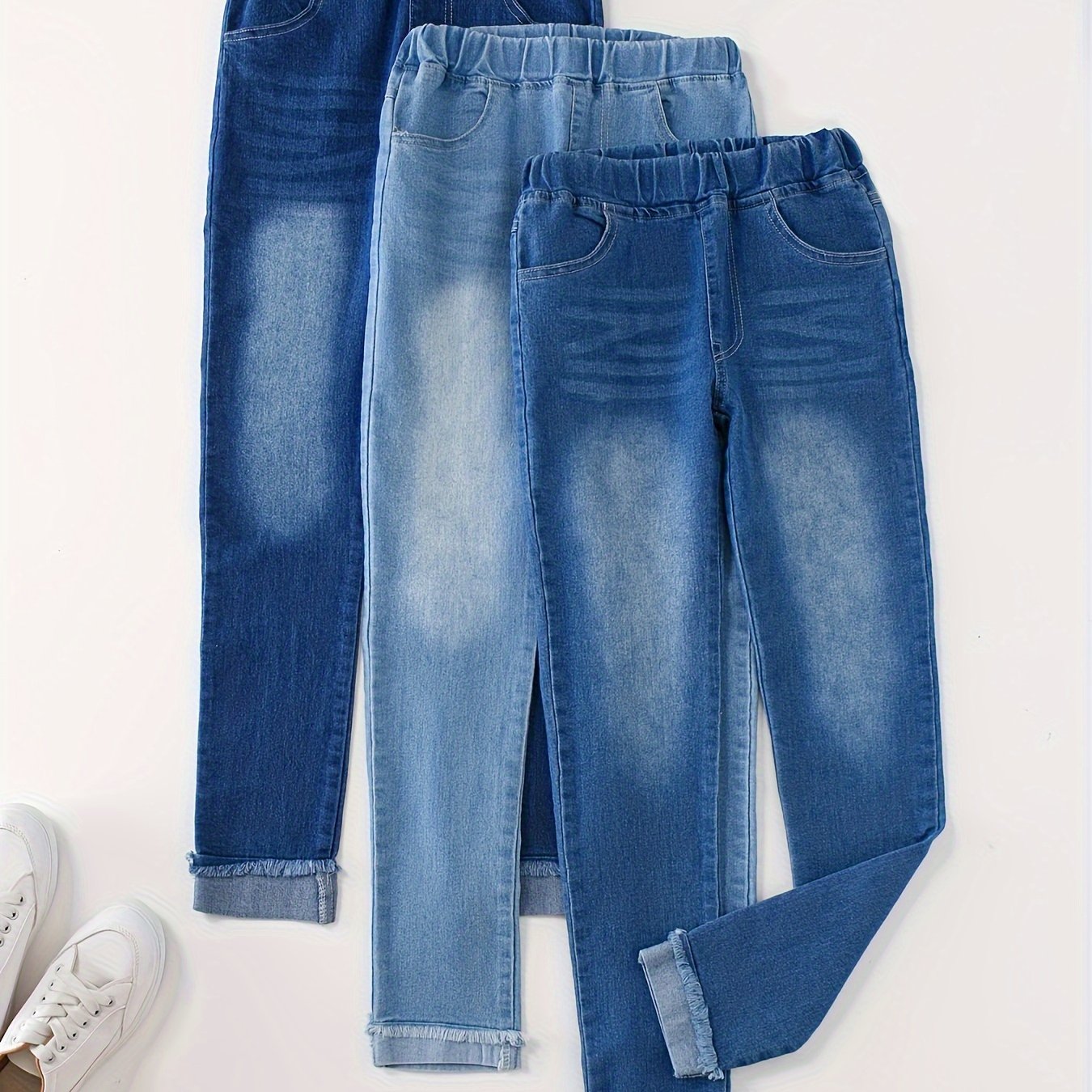 3pcs Teen 's Stretch Skinny Jeans - Washed Slim-fit Pants With Elastic Waist, Beltless For Wear Suitable For (casual Outfits)