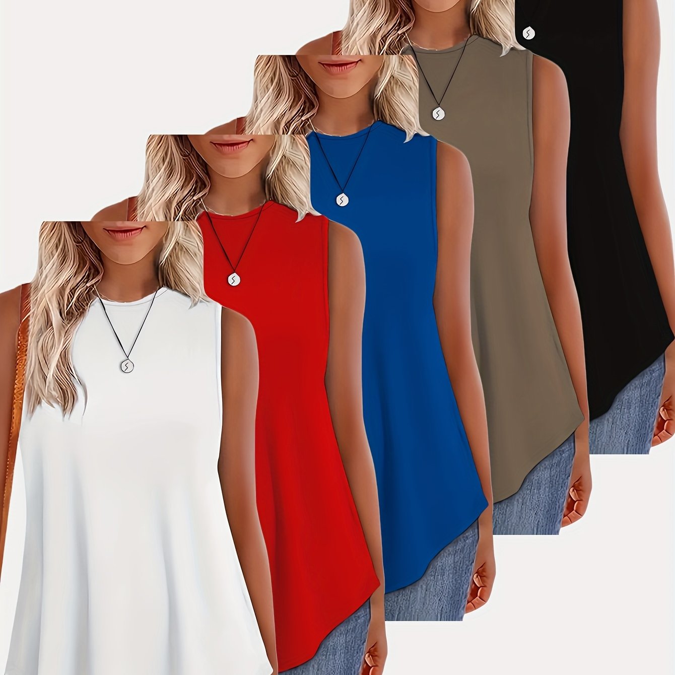 TEMU 5pcs Set Of Solid Color Sleeveless Casual Tops For Women, Featuring A Loose Fit, Round Neck, Medium Elasticity, Comfortable For , Machine