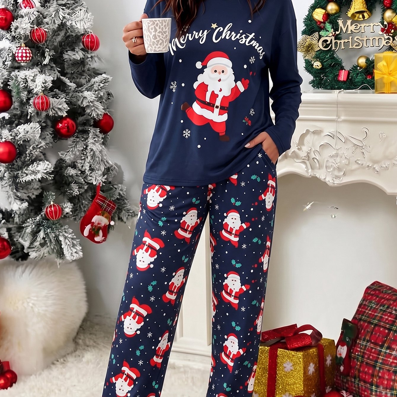 Image of Plus Size, Elegant Directional Autumn And Winter New Santa Claus Print Women's Plus Size Set, , Plus Size Set, Plus Size Pants Set, Plus Size Pajamas