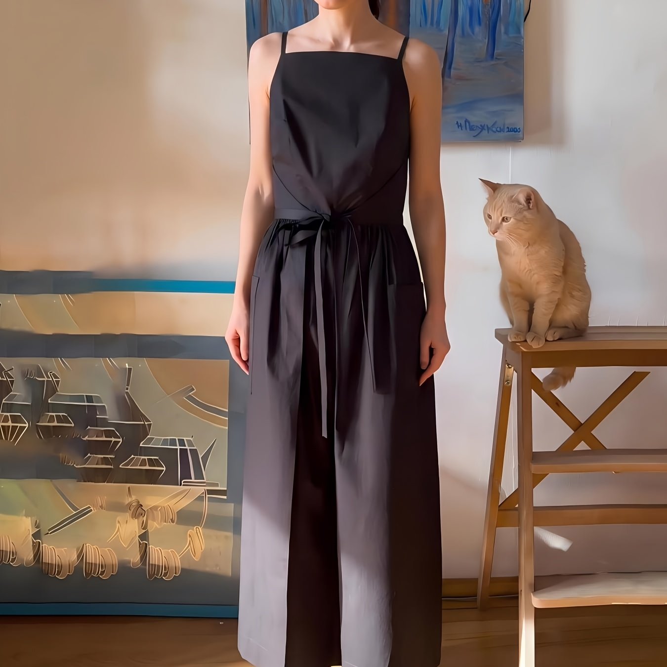 Women's Summer Sleeveless Spaghetti Strap Square Neck Long Dress With Belt And Pockets