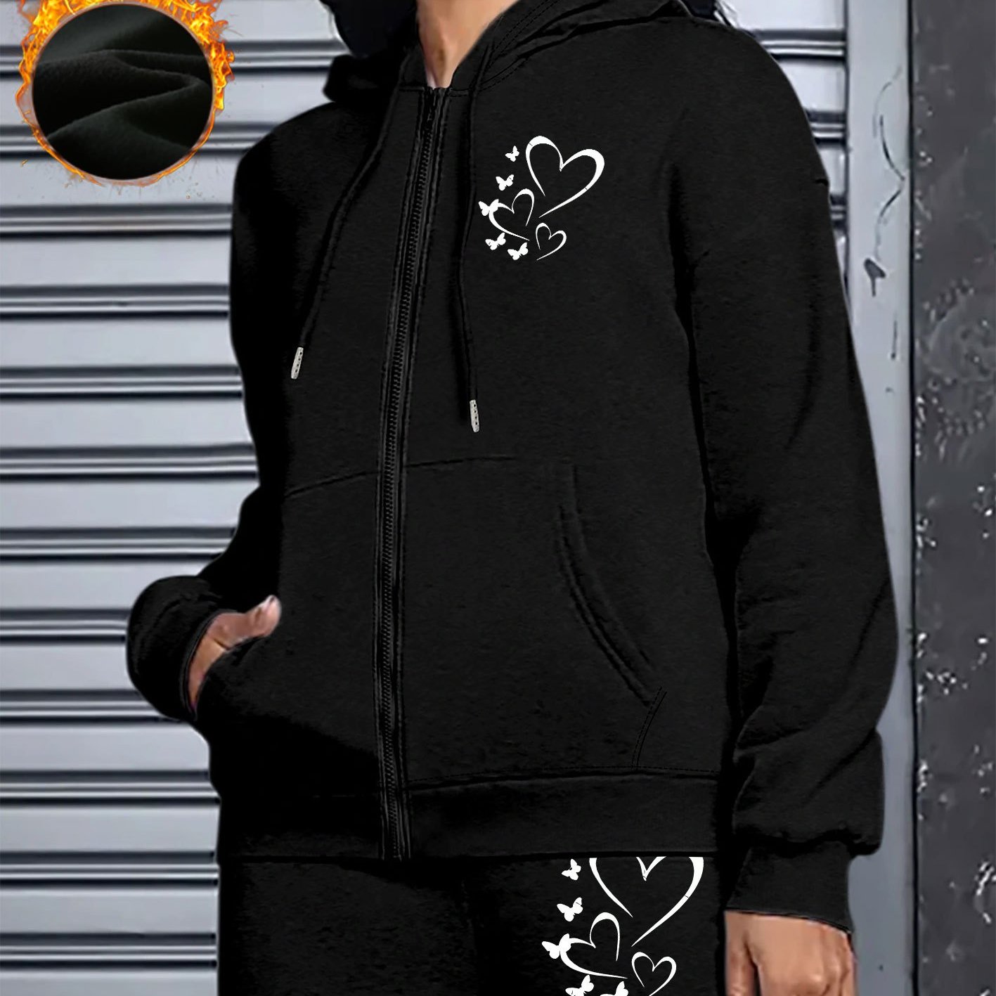 TEMU Heart & Butterflies Print 2 Piece Set, Zipper Front Drawstring Hoodie & Slim Sporty Pants, Women's Clothing