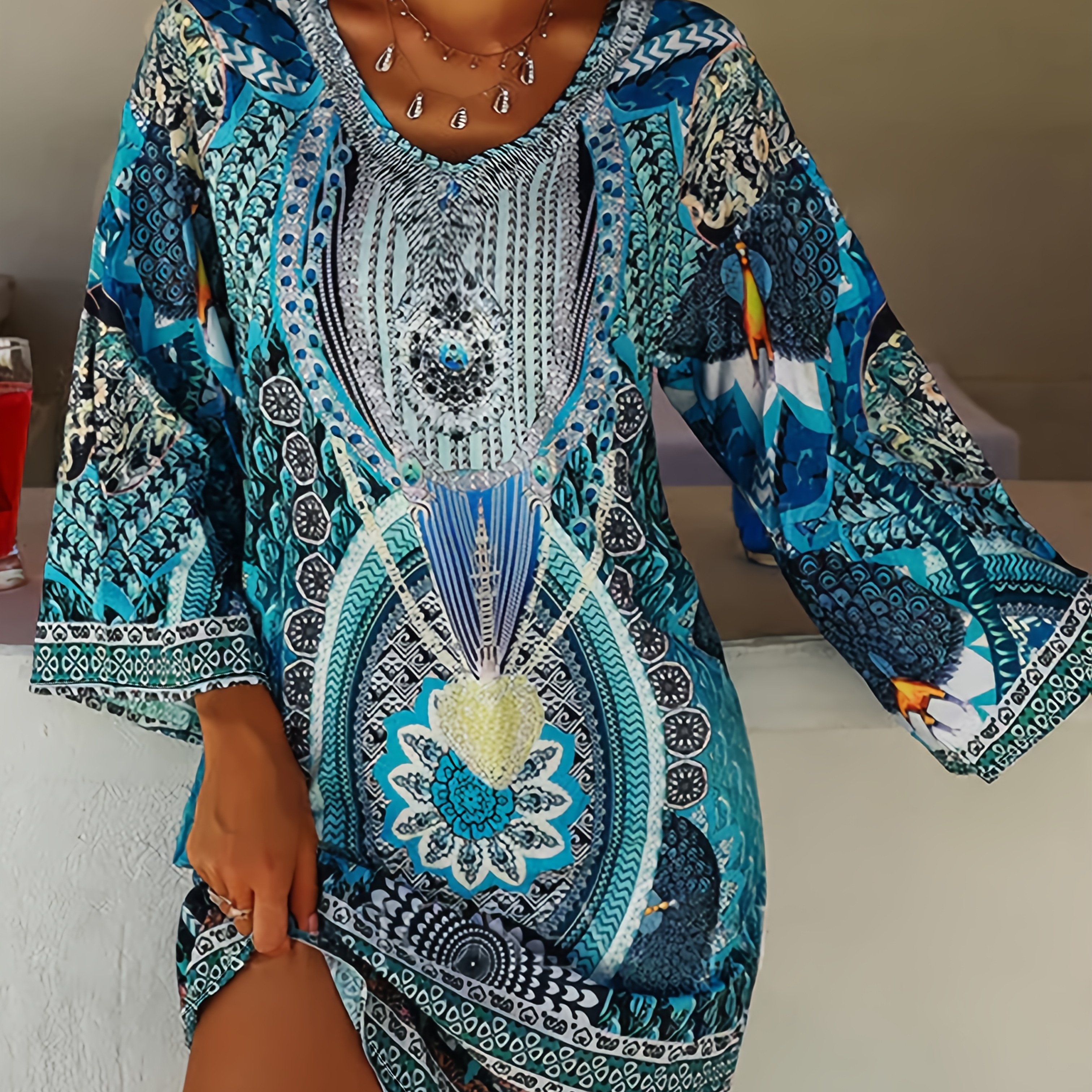 Image of Fashion Ethnic Print Women's Dress, Elegant Casual V-neck Loose Short Dress
