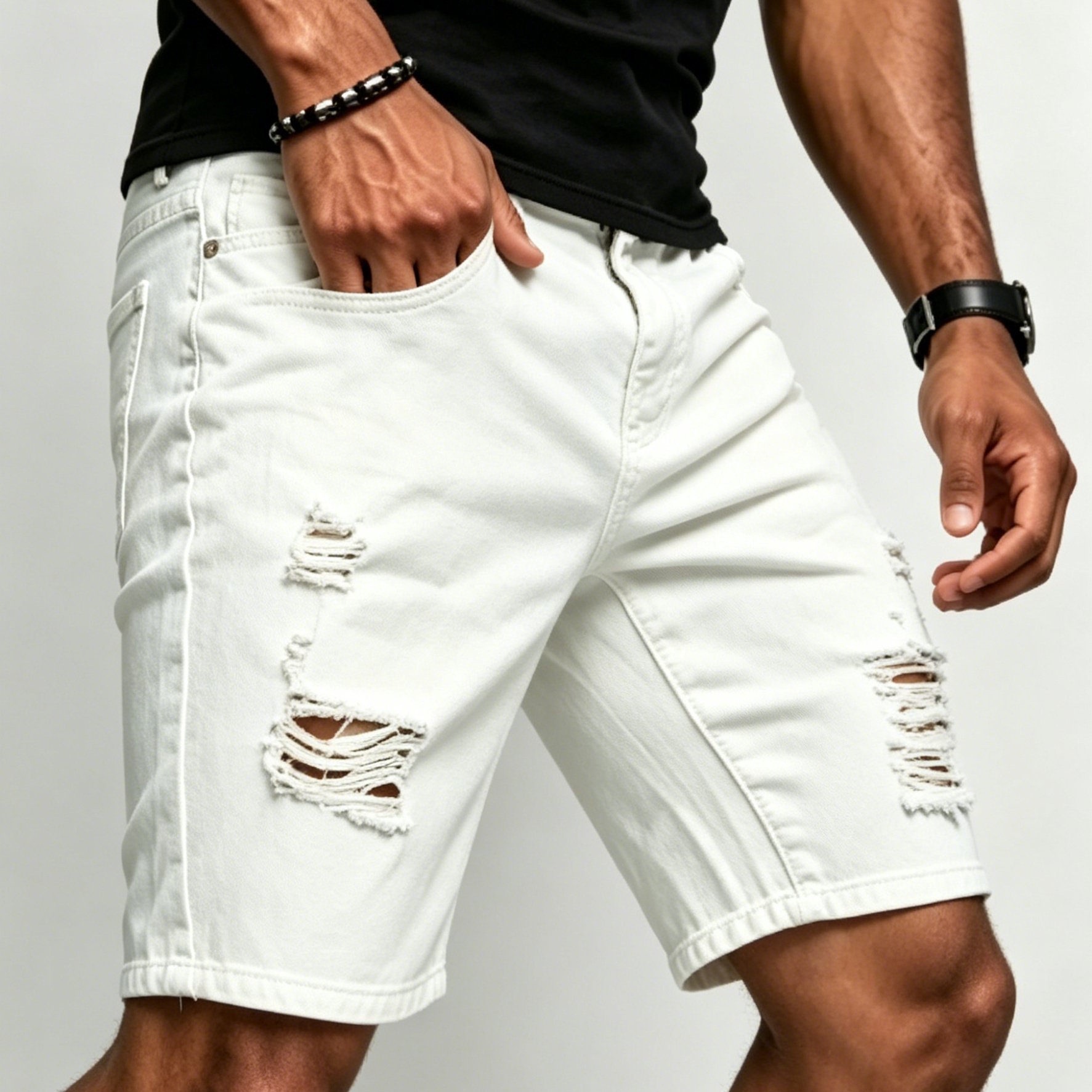 Image of [hme] And Summer Bermuda Denim Shorts. White With Ripped Craft And Heavy Wash Design. Loose Straight Five-inch Cut, For All-match Style Suitable For . Ideal For Daily Looks And Dating Occasions