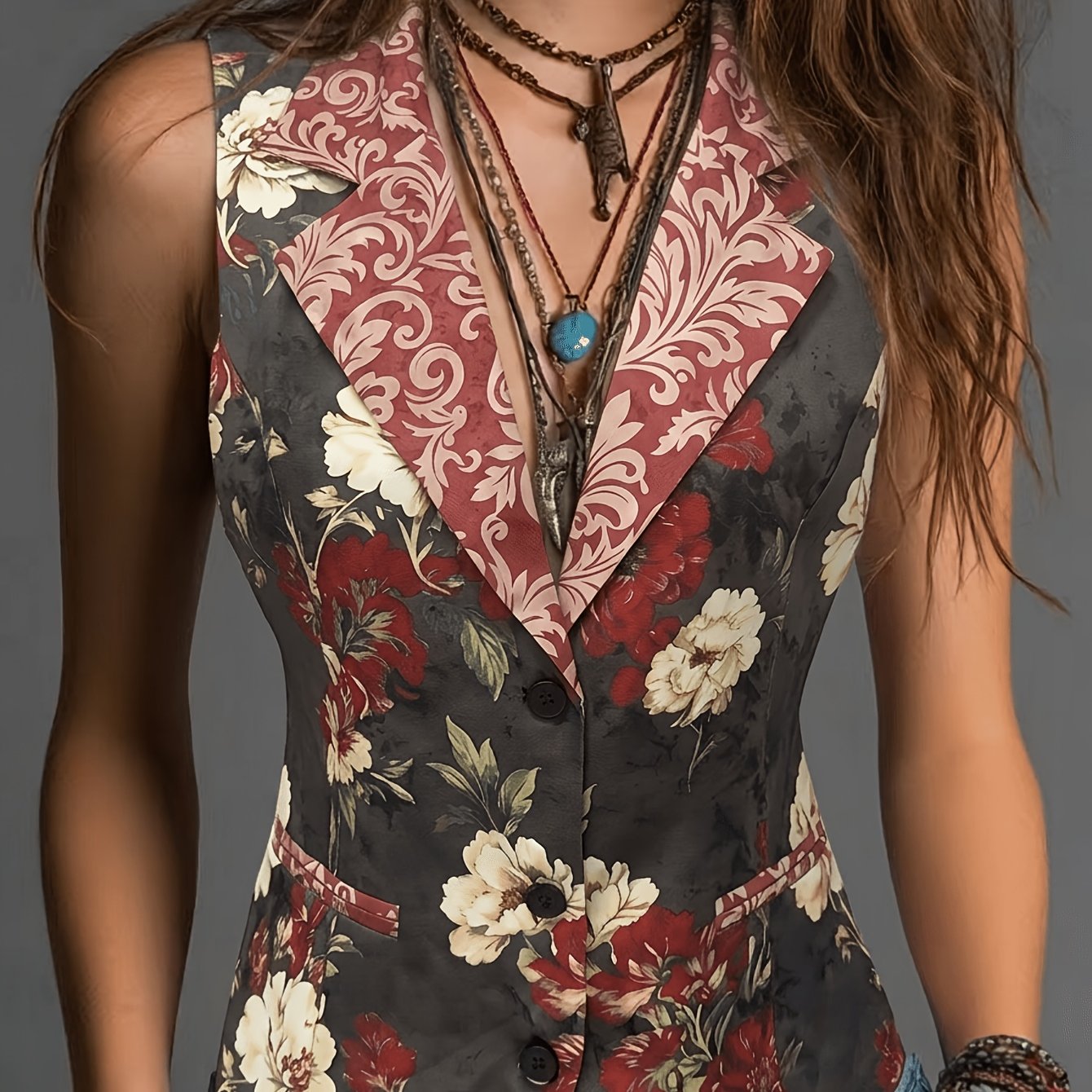 TEMU Elegant Color-block Printed Suit Waistcoat For Spring, Summer & Autumn | Office Casual Versatile Blazer Vest With Fake Pockets