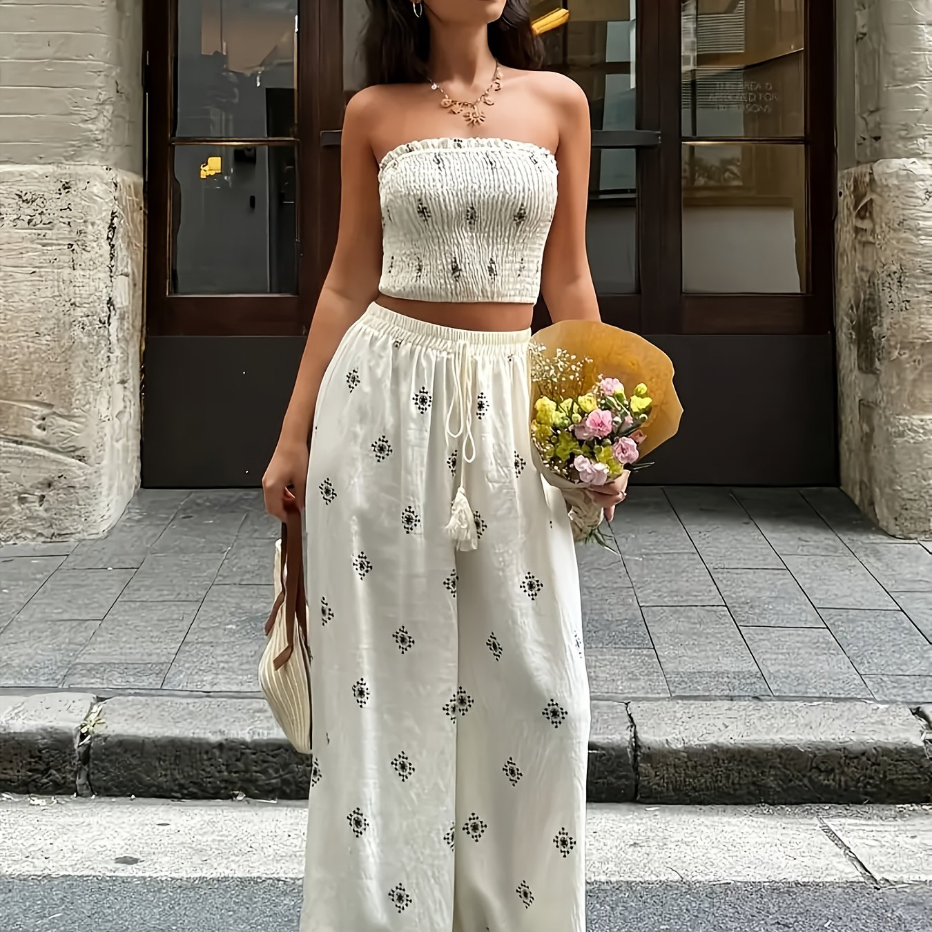 Image of Cross-border Casual Two-piece Set Trendy Print Bandeau And Shorts Outfit Women's (yd88)