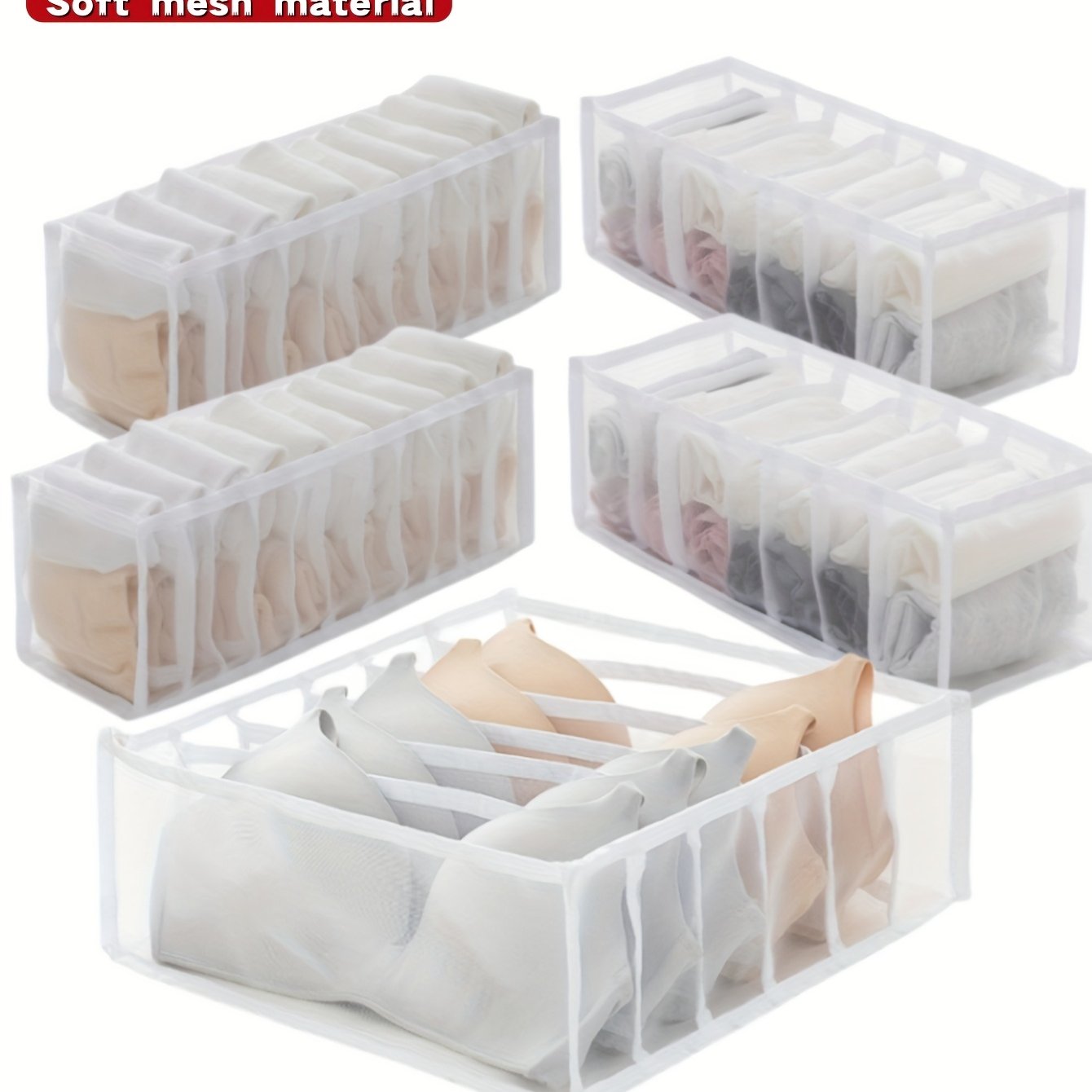 Image of 5pcs Multi-compartment Underwear Organizer Net Pockets, Bra Storage Rack For Bras, Underwear, And Socks, Foldable Closet Drawer Divider