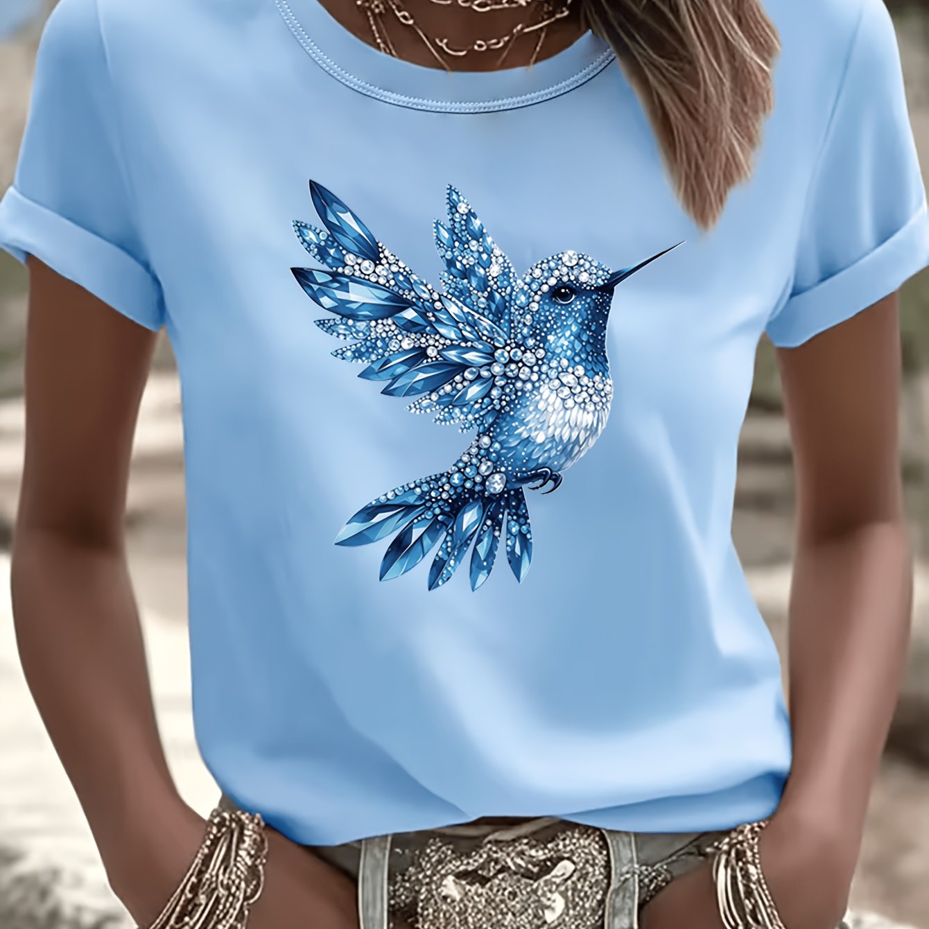 TEMU Light Luxury Diamond Hummingbird Flat-printed Short-sleeve T-shirt, Regular Fit With Round Neck, Spring/summer Women's Wear, Casual, Lightweight