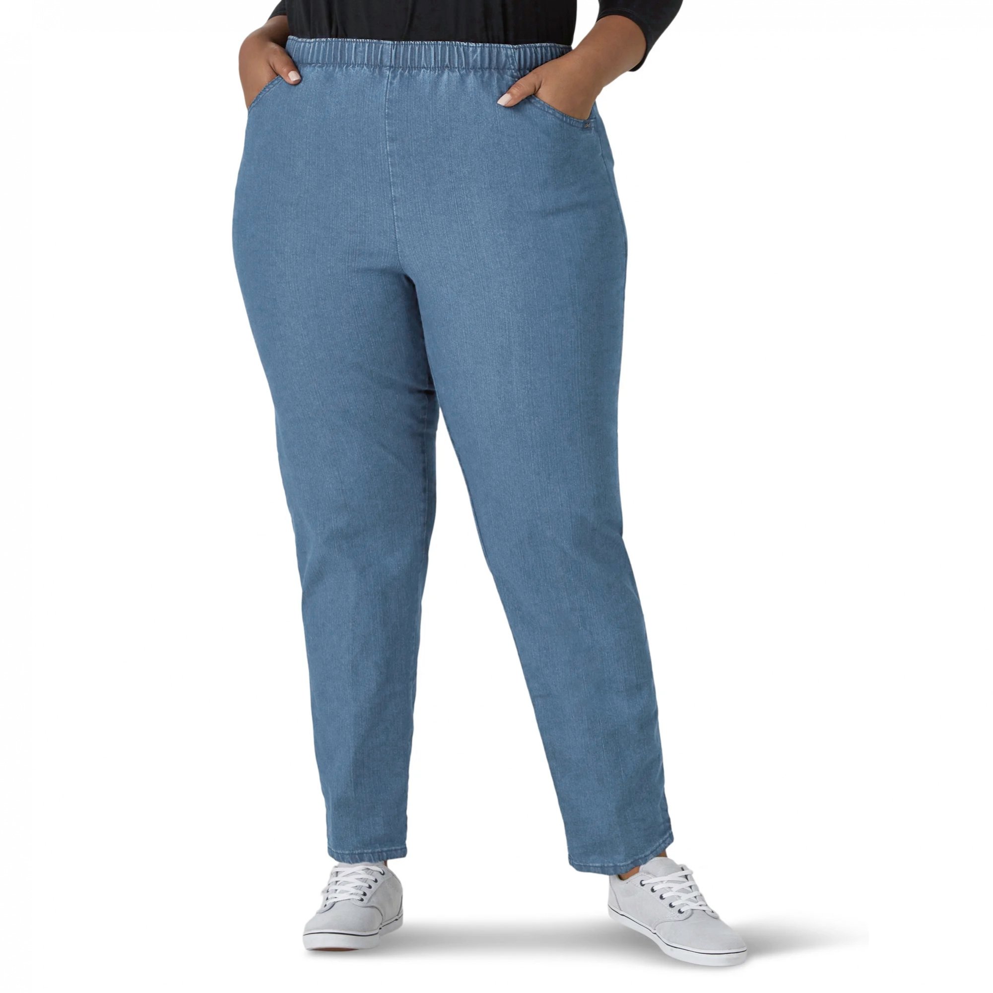Basic Denim Trousers In Large Sizes, Featuring An Elastic Waistband And A Casual . Made From Stretch Denim In A Dark , Pants Are Suitable For Any Season And A Versatile Design With Stretchable Fabric