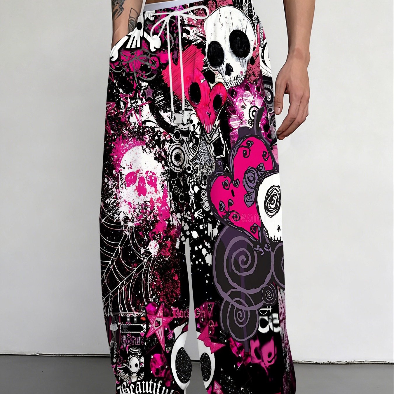TEMU Men's Gothic Full-print Wide Straight-leg Pants, -garde Skull/flower/graffiti Pattern Athletic Trousers, Care (compatible With Chinese Product