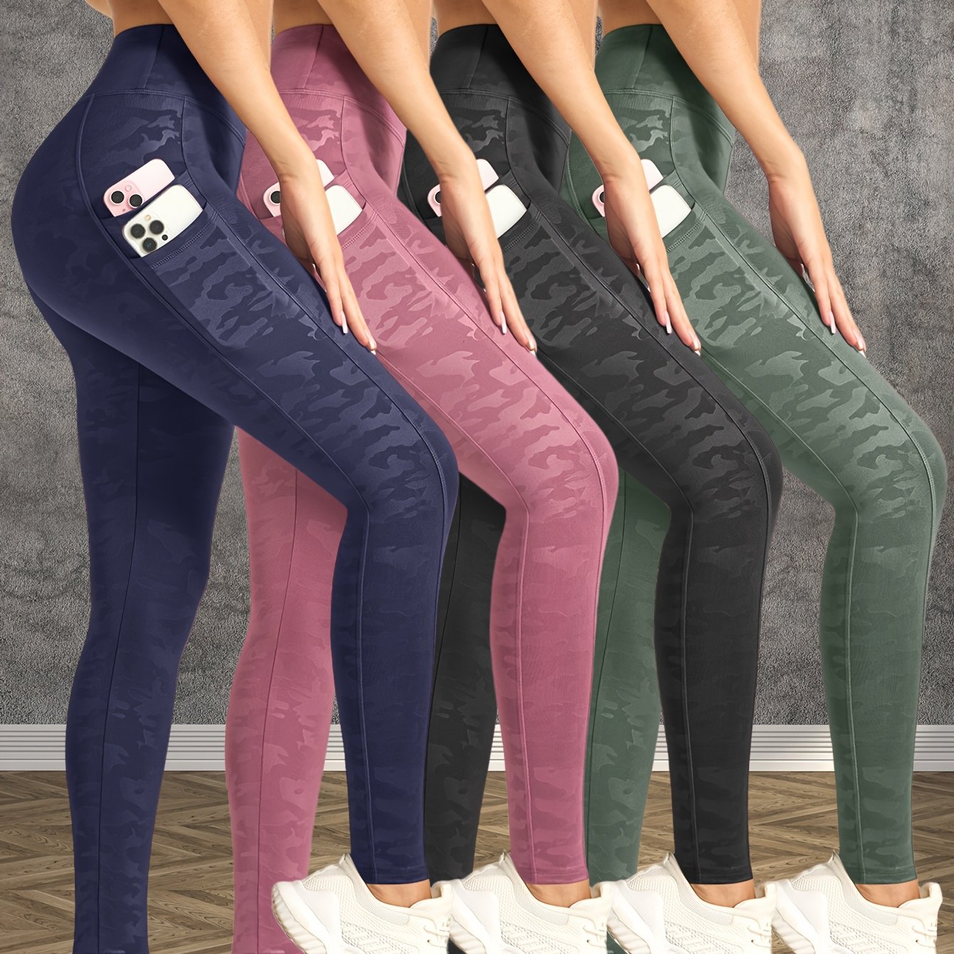 Image of 4pcs Women's Yoga Pants, Camouflage Print High-end Sports Trousers, -lifting Tummy-control Long Pants, Sweat-absorbent, Breathable, Comfortable, And Shaping Pants