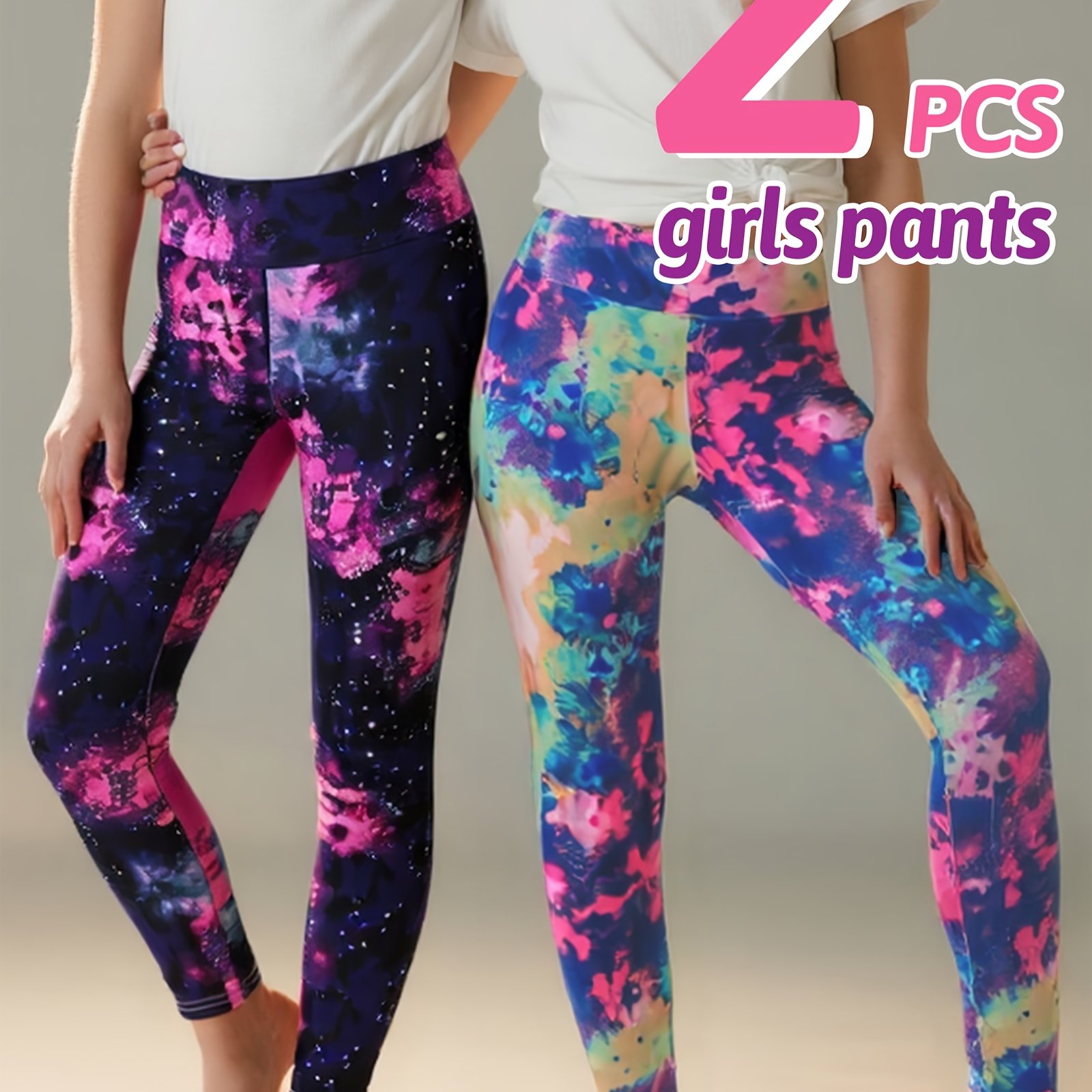 Image of 2pcs Set Starry Sky Tie-dye Print Girls' High-waist Ankle Pants, Older Teen Girls Trousers, For Outdoor