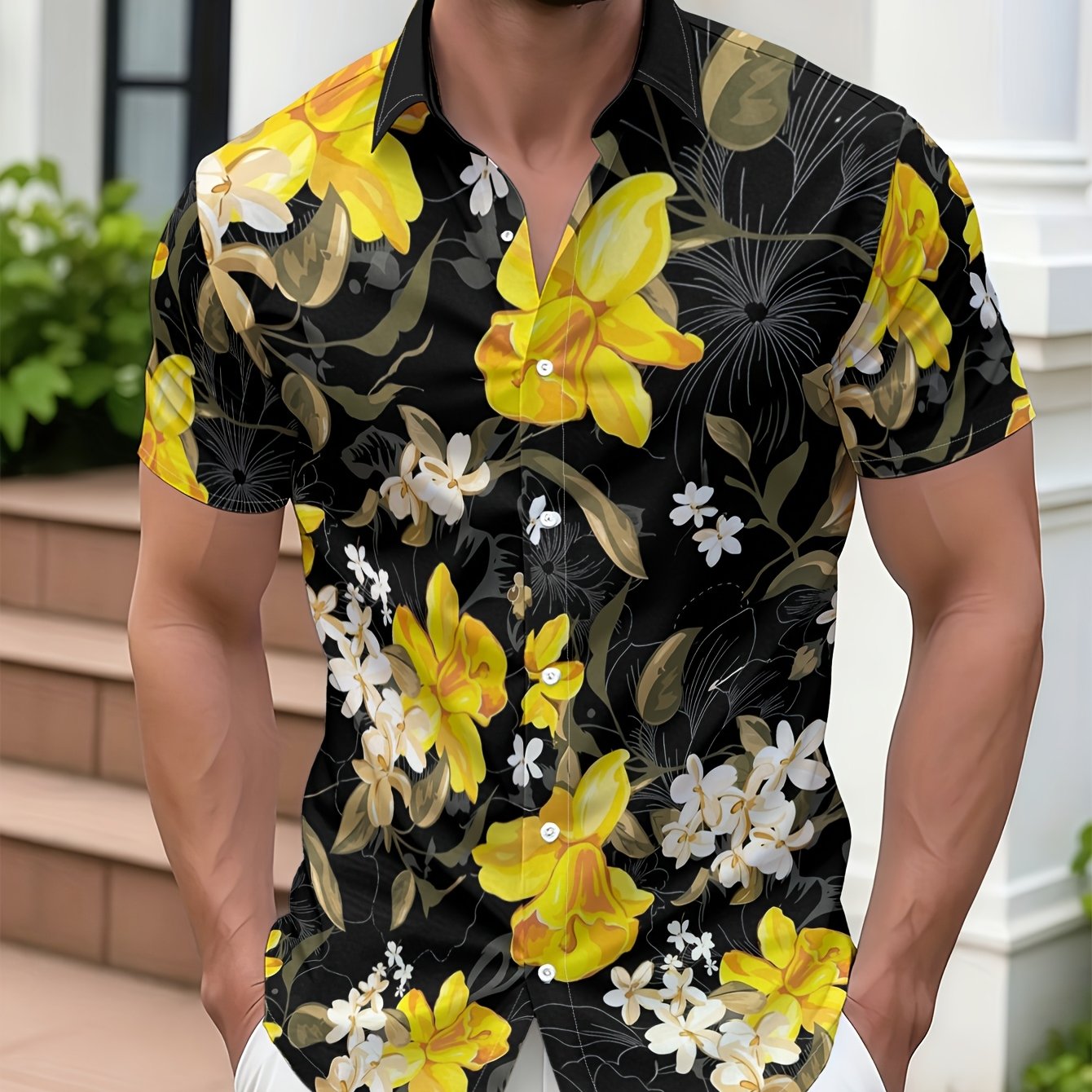 TEMU Men's Hawaiian Aloha Shirt - Tropical Hawaiian Men's Floral Print Summer Casual Shirt, With Beige Flowers, Lightweight Breathable Fabric,