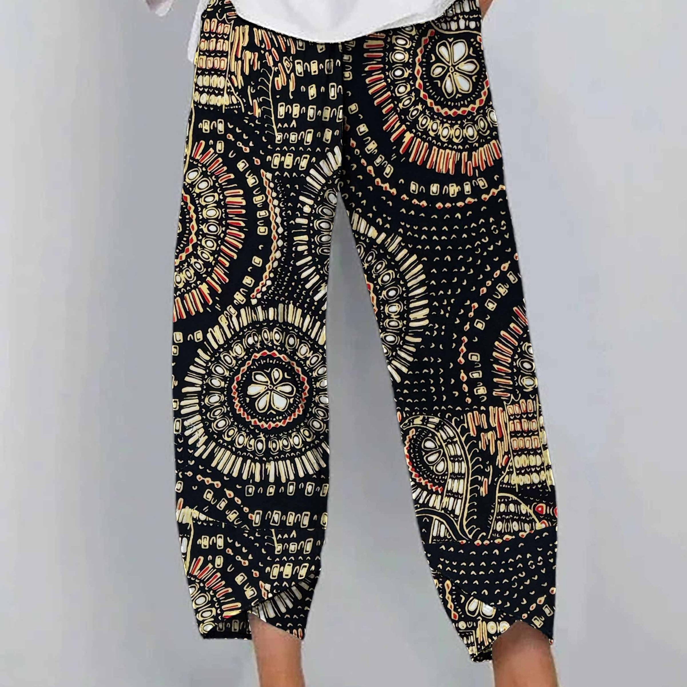 Ethnic Totem Embroidered Front Nine-piece Pants - Soft Texture Women'-piece Pants - Stretch Waist Pants