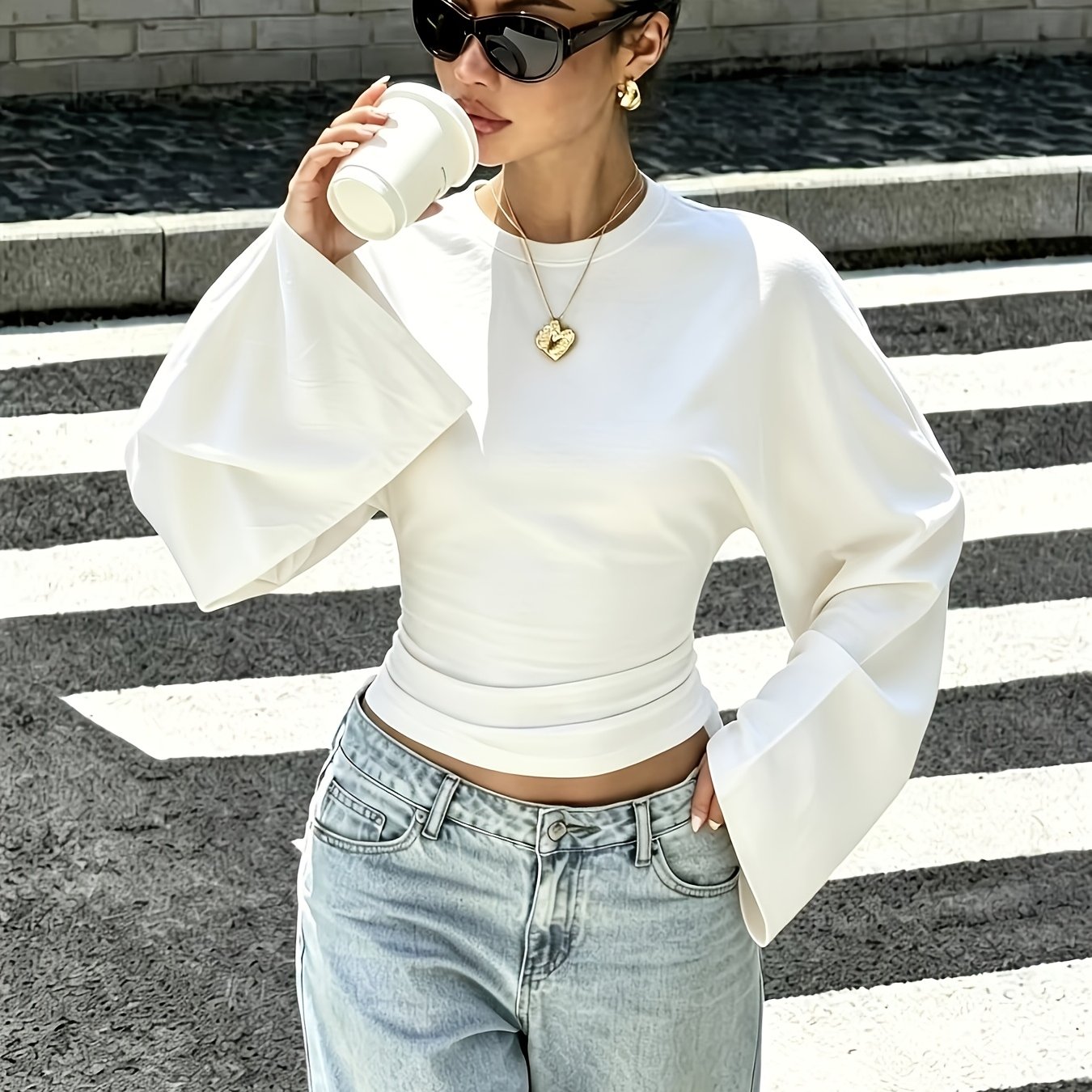 TEMU Cat Ear Elegant Directional Women's Spring Autumn Batwing Fitted Long Sleeve T-shirt, Elegant Casual Fashionable All-match, Suitable For And