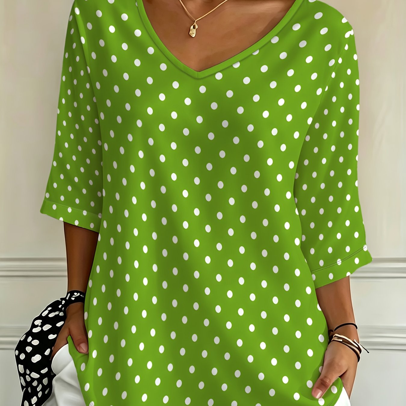 TEMU Plus Size, New Casual Fashion Holiday Women's Plus Size Green Polka Dot -quarter Sleeve V-neck Loose T-shirt Top