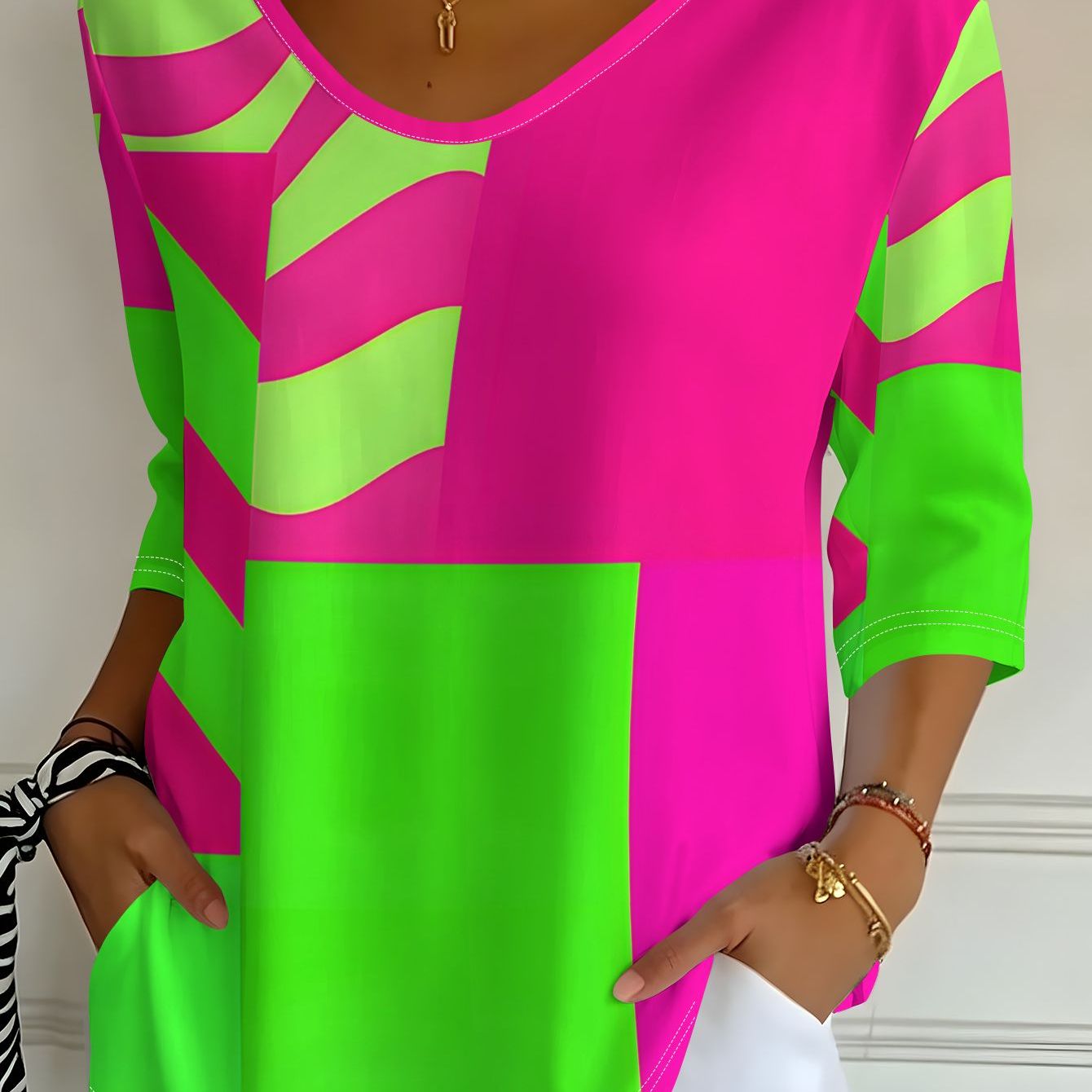 TEMU Women's Casual Three-quarter Sleeve T-shirt For Summer And Autumn, Versatile Top With Contrast Color Geometric Ripple Decorative Print, Suitable