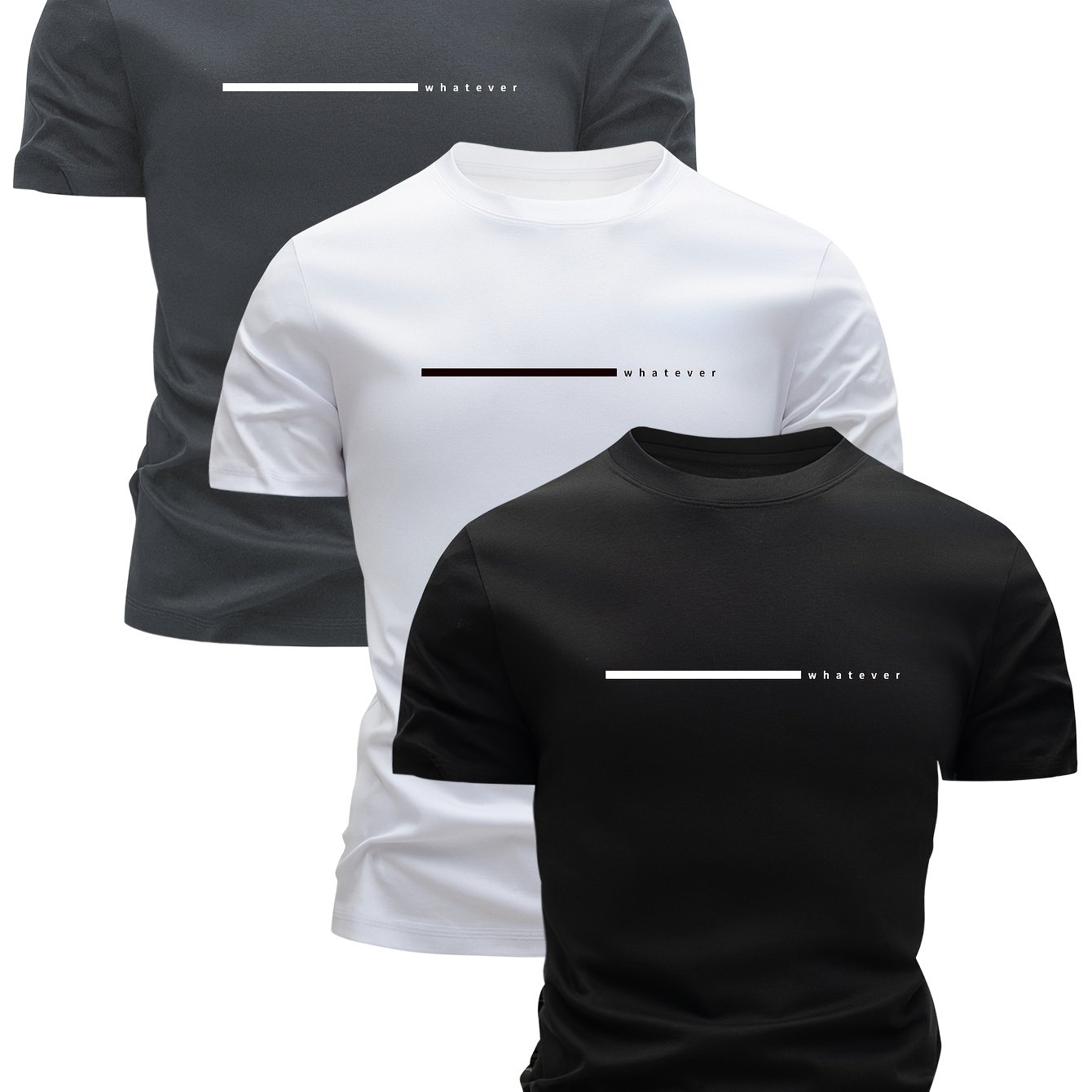 Image of 3-pc 100% T-shirt With Crew Neck And Letter Print Design, Breathable, Casual And Sporty Crew Neck Top, Suitable For Summer