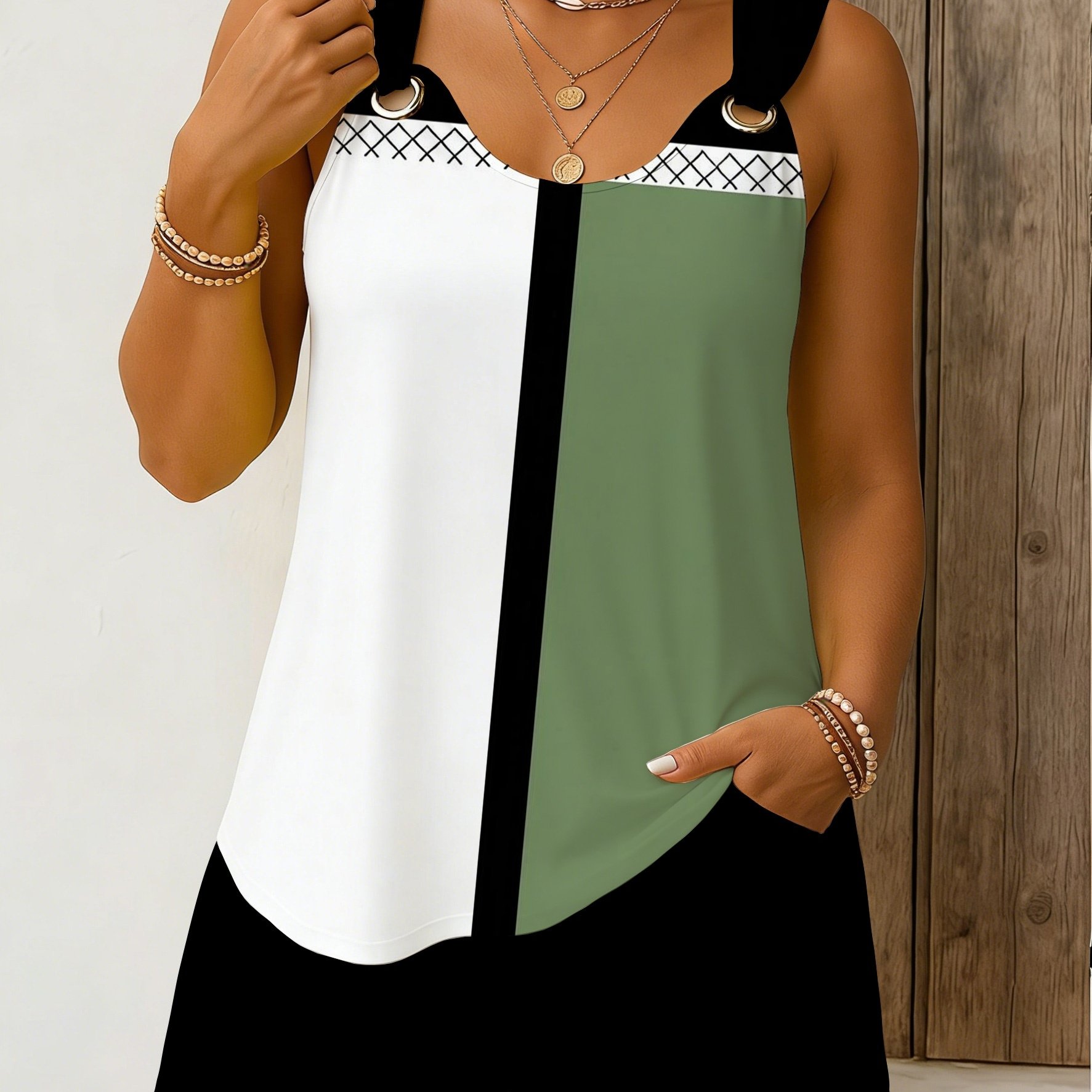 TEMU Plus Size Women's Trendy Full Block, Ring Vest Short Pants Set, Casual Sleeveless Short Suit, For Street Daily, Trendy Block Travel, Festival, ,