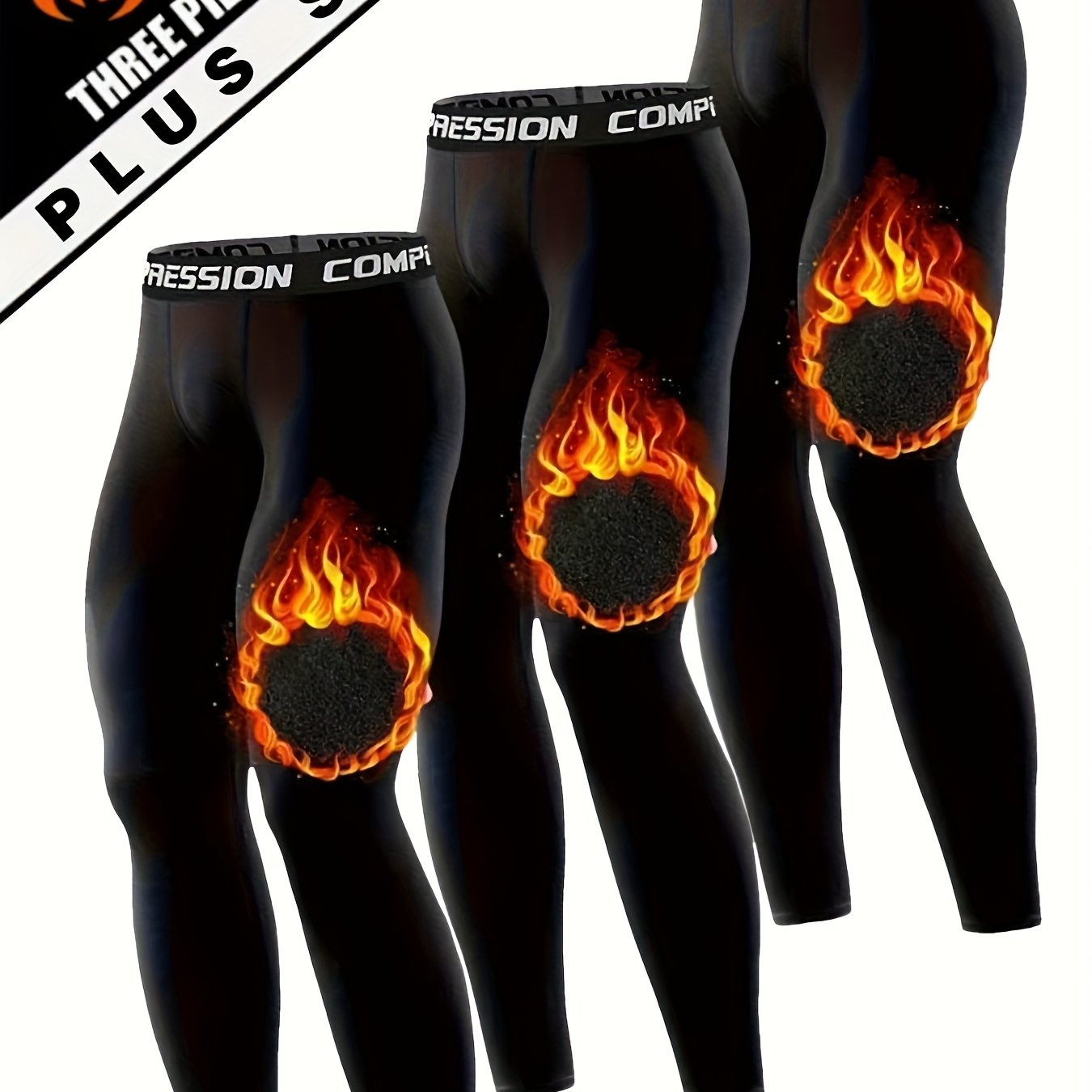 3pcs Men's Plus Size Base Layer Sweatpants,long Johns, High Elasticity, Breathable, Solid Color, Slim Fit, Knit Fabric, Suitable For Basketball, Running, Training, Outdoor Skiing