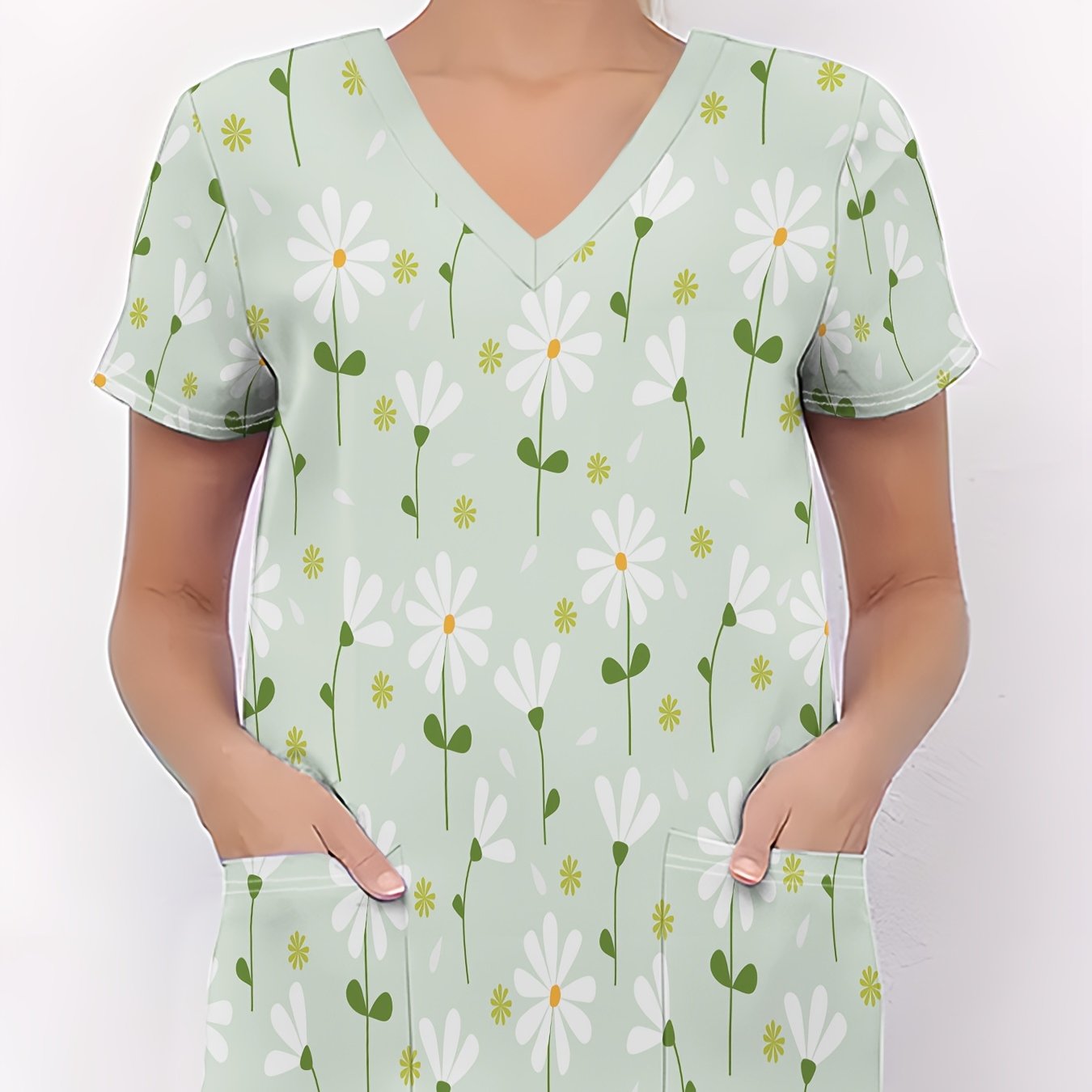 TEMU Women'-size Nurse Uniform, Printed T-shirt With A Daisy Floral Pattern On Light Green Background, Soft Women's V-neck T-shirt With Pockets,