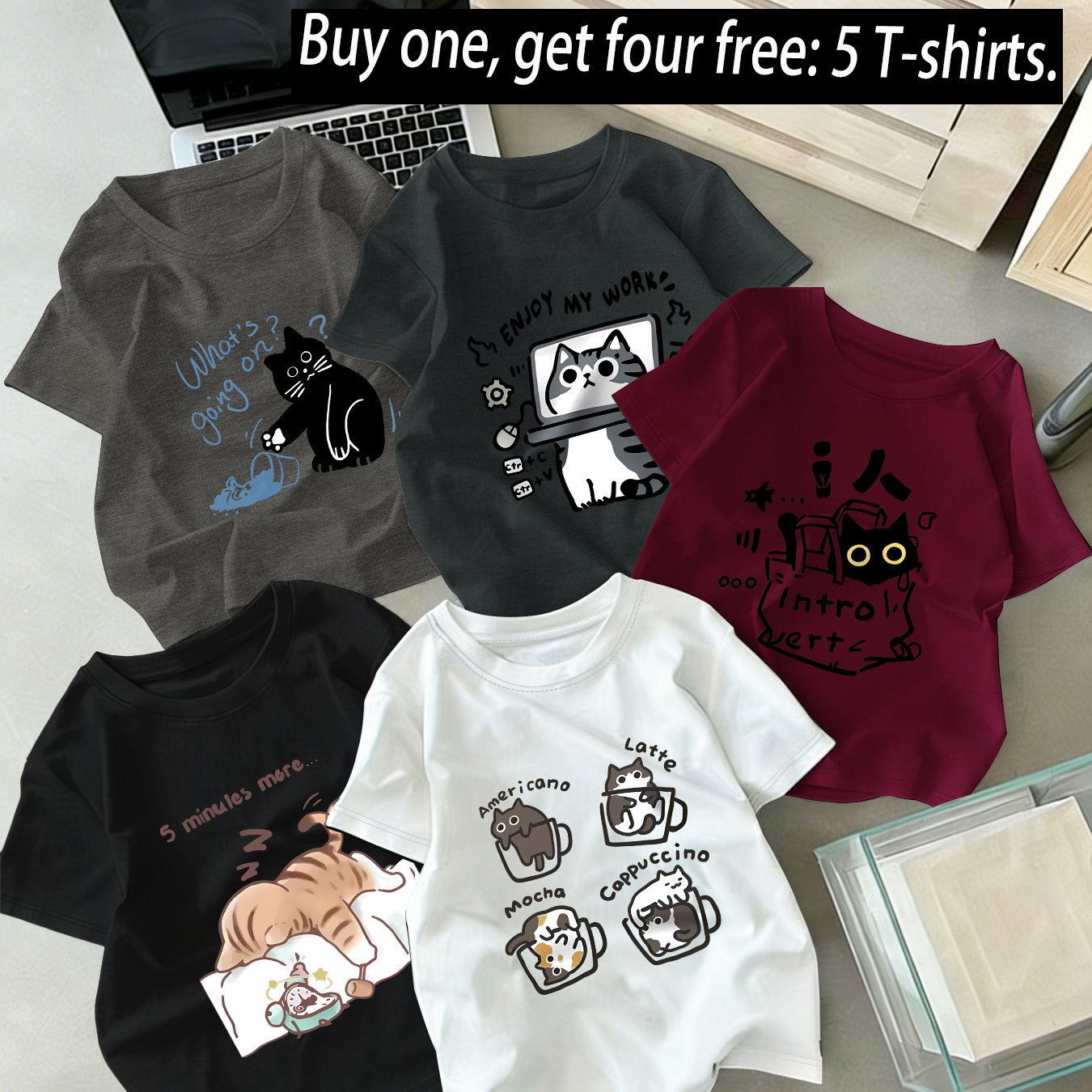 TEMU 5pcs T-shirt Set, Each Stylish And Must-have For. Versatile Short-sleeve T-shirts Feature Different Prints