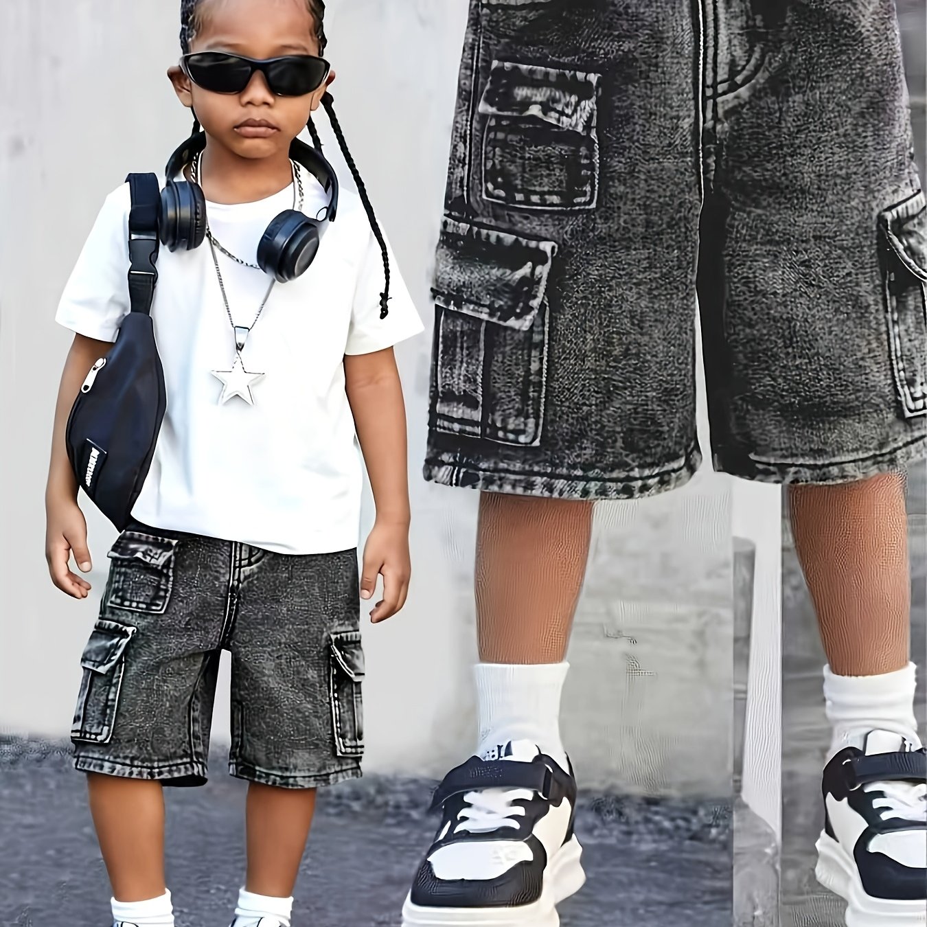 Butcher Style Cool, Vintage, Loose, Dark Gray Denim Shorts With Multiple Pockets, Suitable For Streetwear