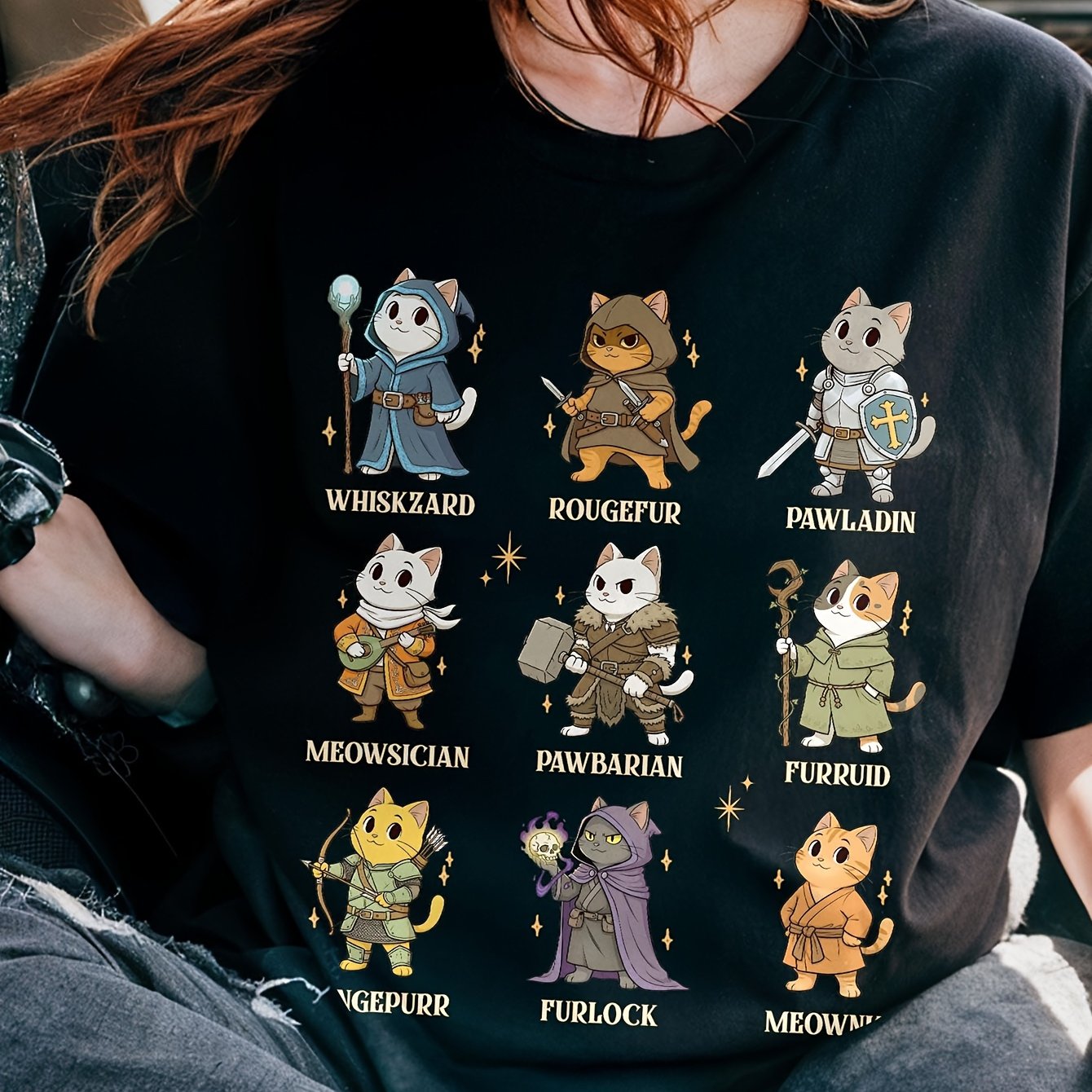Image of Women's T-shirt Plus Size Dungeons And Cats Funny Cat Dnd Graphic Print T Shirt Role Playing Style Ideal For Cat Loving Dice Rolling Parties Black Crew Neck 180g Pure T Shirt Sizes S To 3xl
