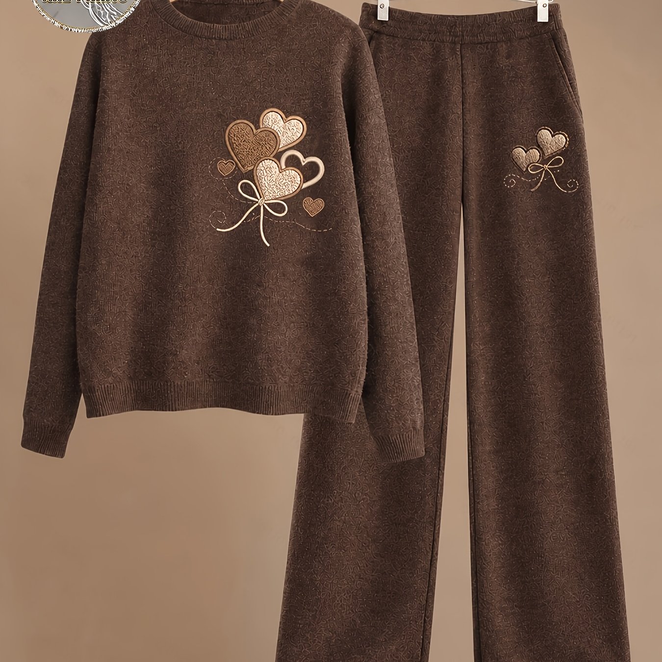 TEMU Women's Fashion Heart Print Round Neck Sweater Set, Loose Casual Sweater Outfit