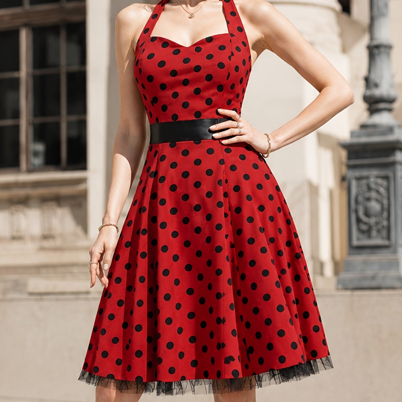 red dress with black polka dots Red & Black Big Polka-dot Print Skater Dress (up to 3X)