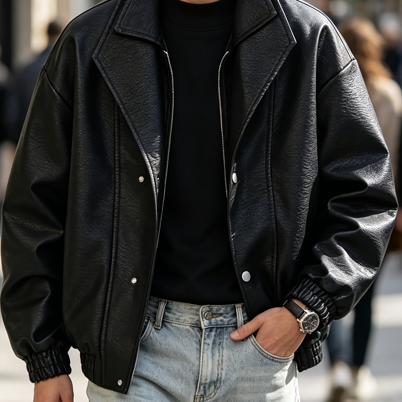 TEMU 's American-style Motorcycle Jacket, Double-layered Lapel Pu Leather Jacket, Versatile Men's Trendy Pu Outerwear, Metal Snap Button Decoration ,