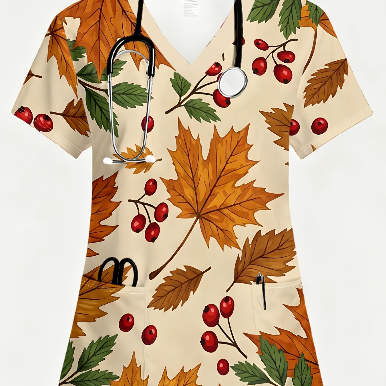 TEMU 1pc Fashionable V-neck Women's Printed Nursing Uniform, Retro Autumn Leaf Print Women's Nursing Dress American Autumn Atmosphere Top Comfortable