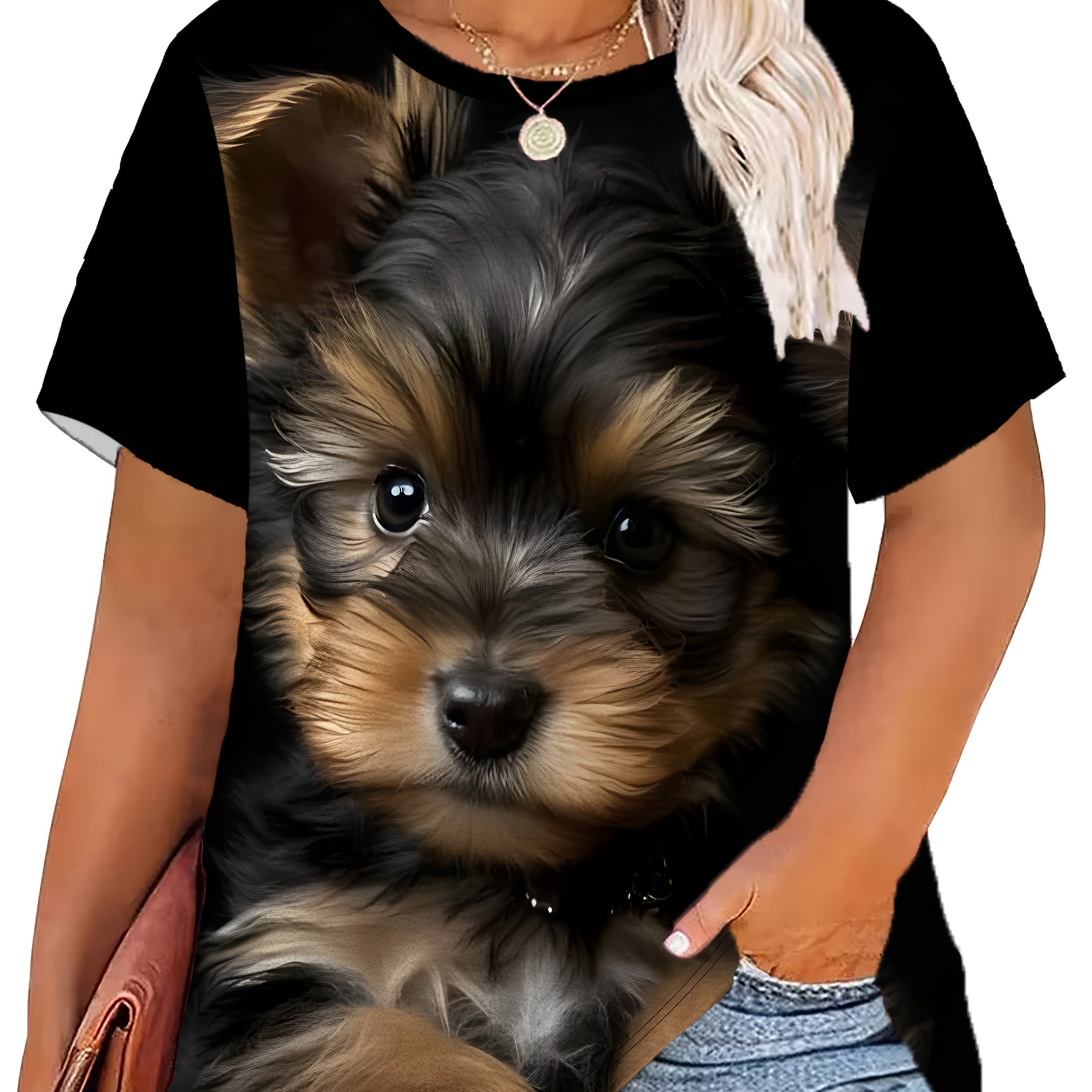 TEMU Plus Size - Plus Size - Dog Pattern Fashion Casual T-shirt, Short Sleeve Top, Women's Wear