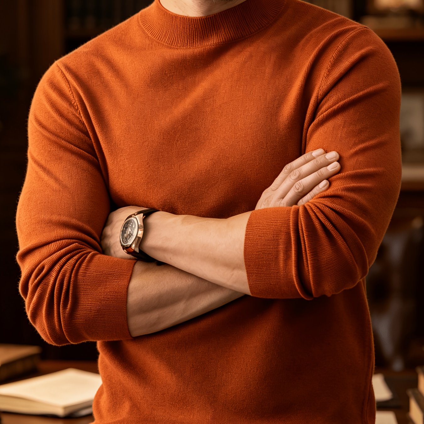 TEMU Autumn And Winter New High-end Slim Fit Half-high Collar Knit Long-sleeve Top Suitable For Mature Men For Commuting, Business / Weekend Casual /