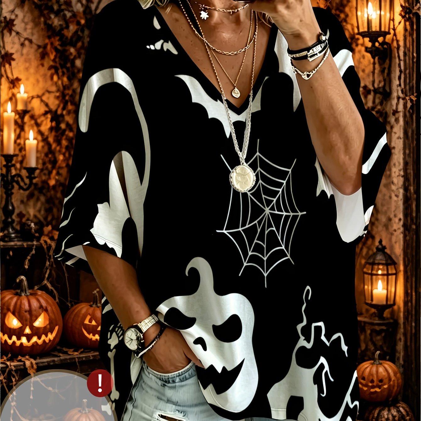TEMU Plus Size, Halloween, Plus Size, Fashionable, Casual, Comfortable, Women's, V-neck, Three-quarter Sleeve, With White And Spiderweb Print