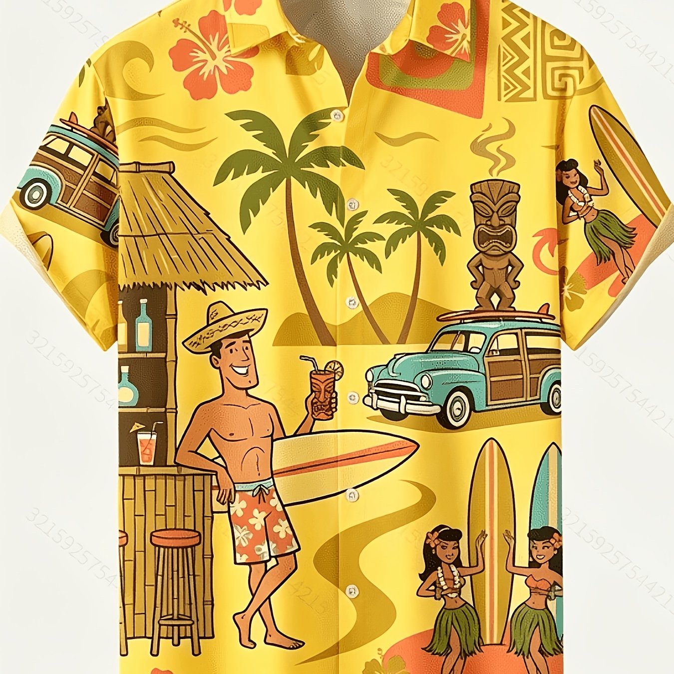 TEMU Igital Print- Hawaiian Retro Coconut Tree Beach Print Men's Lightweight Button-own Short Sleeve Shirt