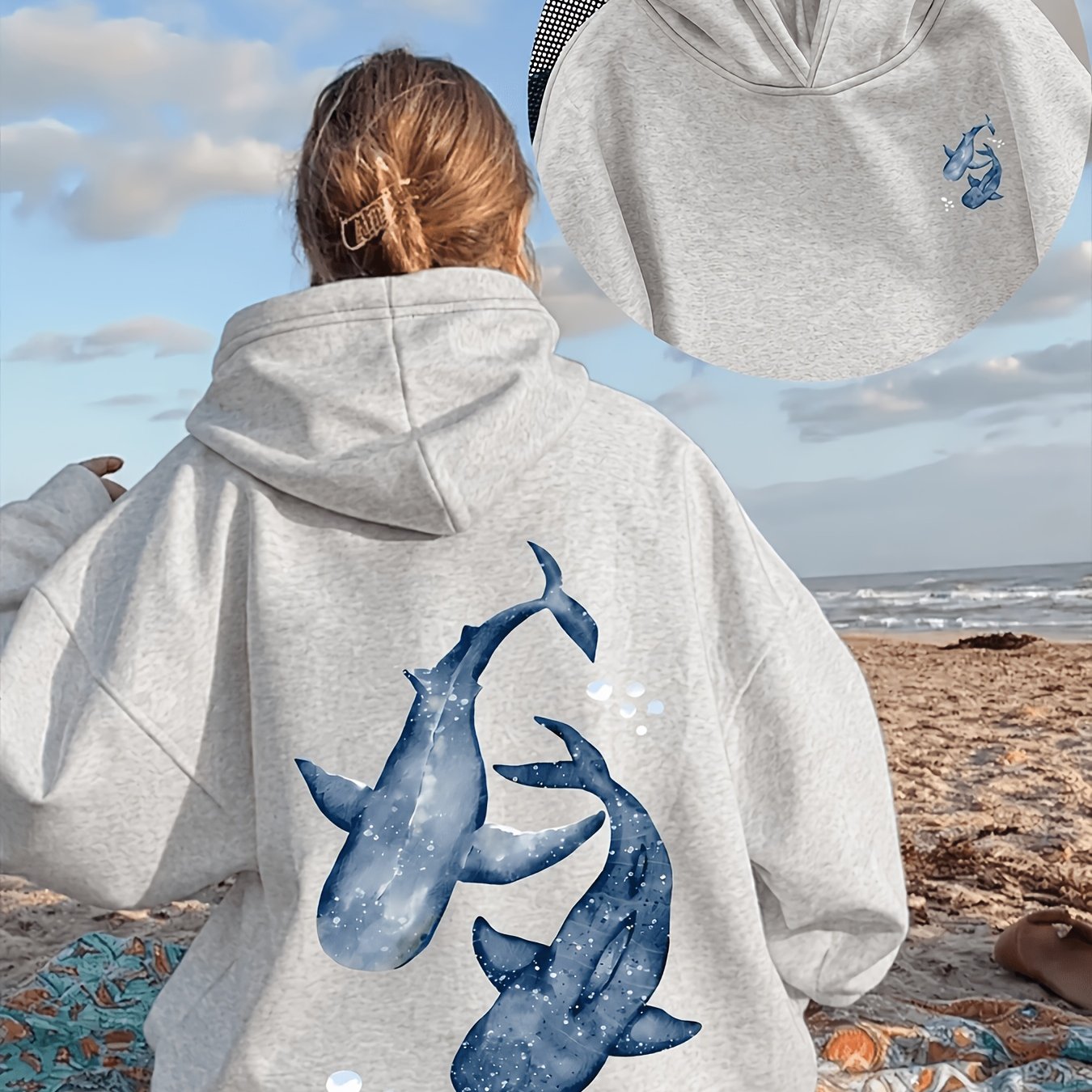 Image of A Women's Casual Top, European And American Ins, , Elegant, Fun, , Beach, , Literary, , Multi-print Pattern, Drawstring Hood, Pullover, Fleece-lined Sweatshirt, Loose And Lazy, , Top