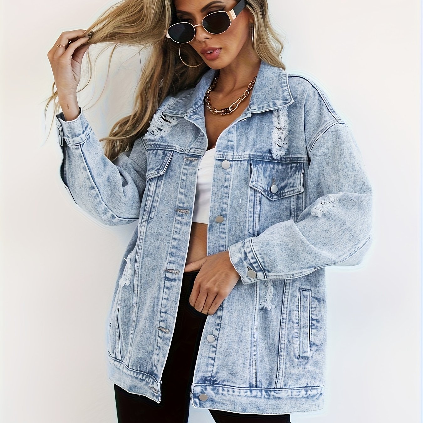 Women's Plus Size Denim Jacket, Boyfriend Distressed Hole Faded Denim Coat, Spring Autumn Vintage Long Sleeve Outerwear
