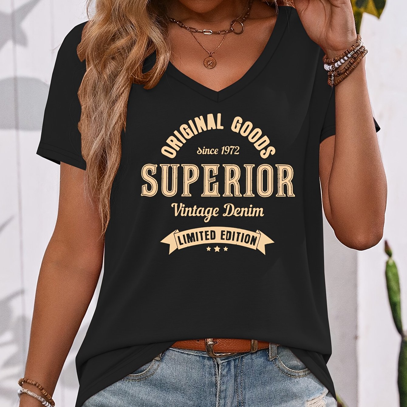 TEMU Retro Fashion Badge , Decorated With Ribbons And Five-pointed Stars, "original Goods", "superior" And " Edition" And Other Letter Printed V-neck