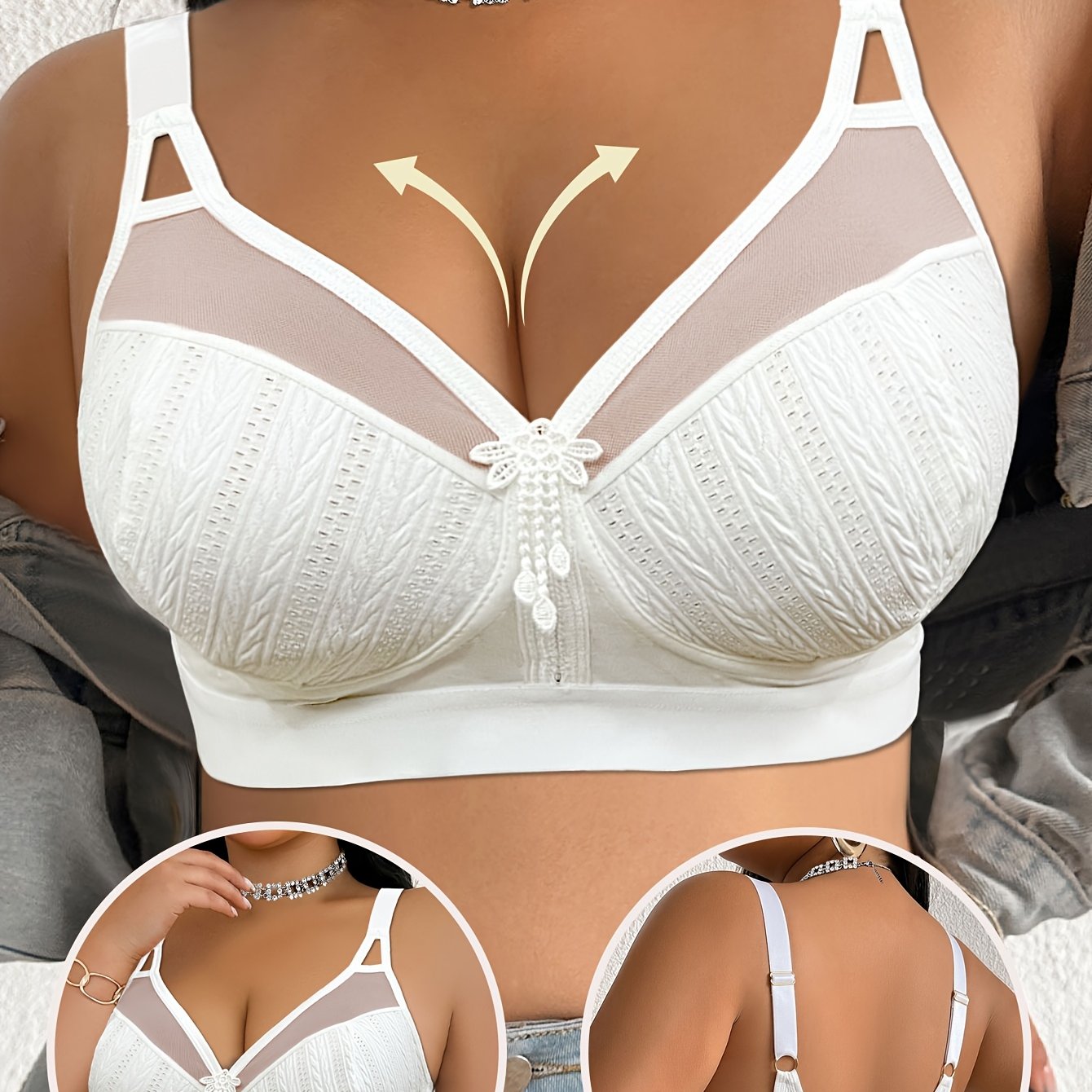 Image of Plus-size Women's Bra With Lace Paneling And A Sexy Design, Featuring A Casual, Comfortable, And Minimalist Back Style. This Padded, Wire-free Bra Support