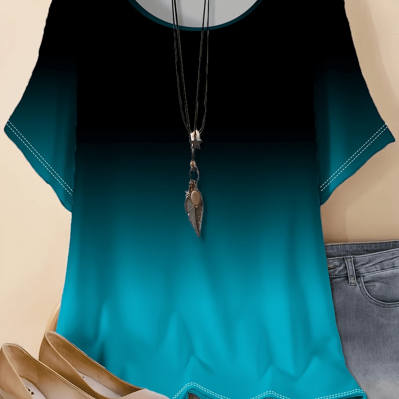 Image of Plus Size, Plus-size Women's Round Neck Stretch T-shirt, Printed Stretch Round Neck Top, Comfortable And -size Women's Clothing, Plus-size T-shirt, Accessories Not Included