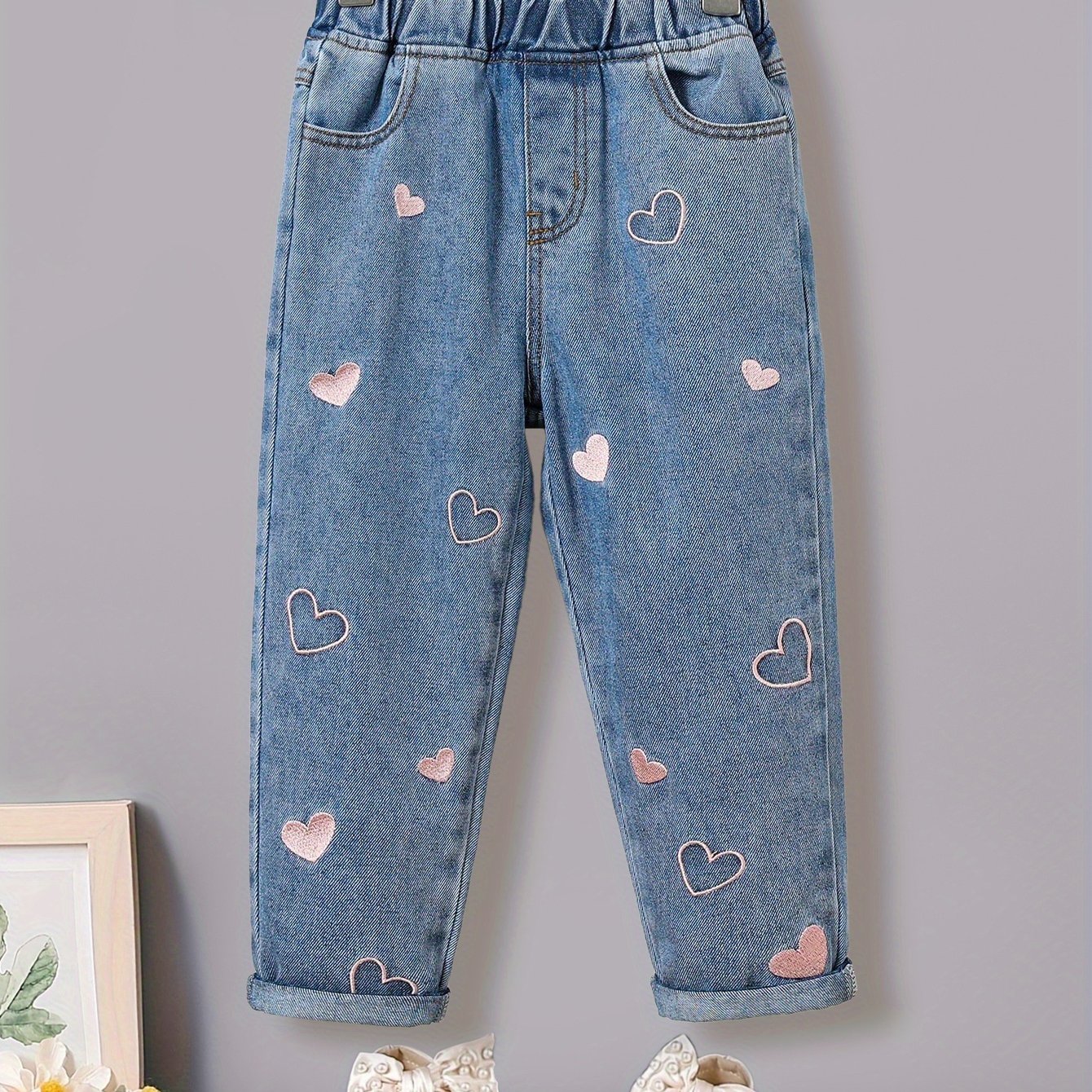 Image of Girls' Faux Denim And Autumn Style For Small And Medium-sized Children, Floral Print Long Pants, Fashionable Outer Wear Faux Denim For Baby Girls, Trendy