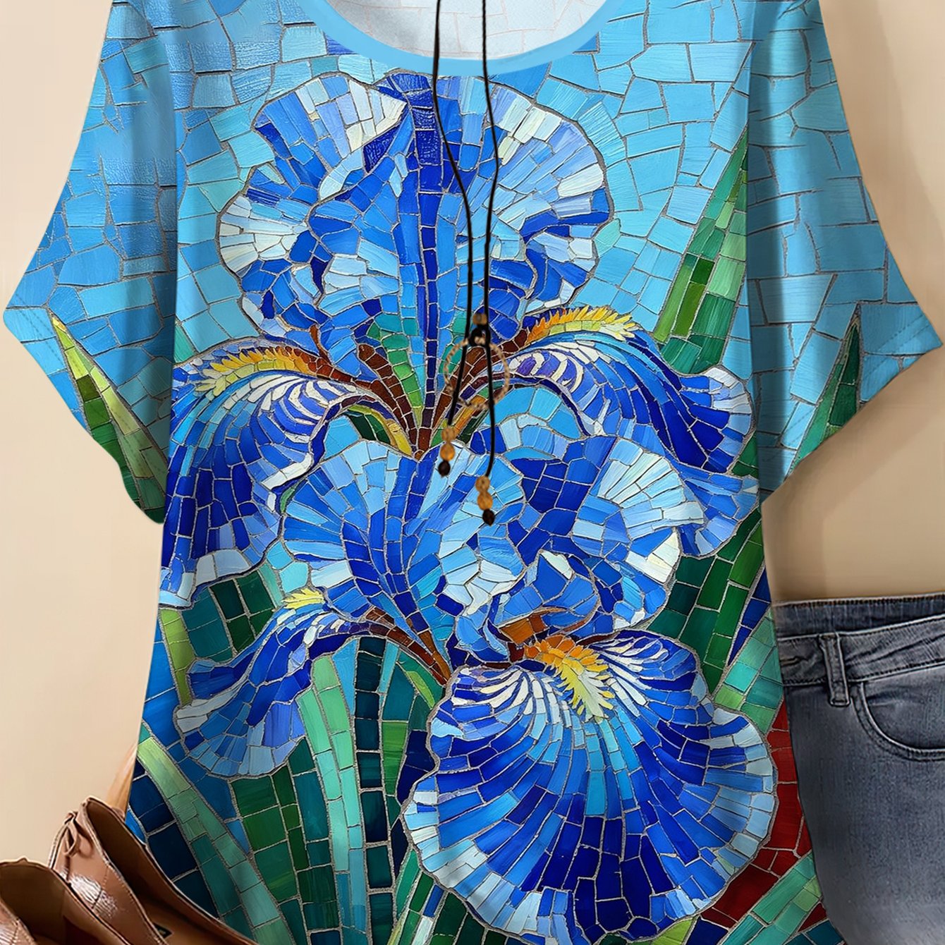 TEMU Plus Size - Plus Size - European And American Cross-border Mosaic Iris Print Round Neck Short-sleeved T-shirt, With Blue Tone As The Background,